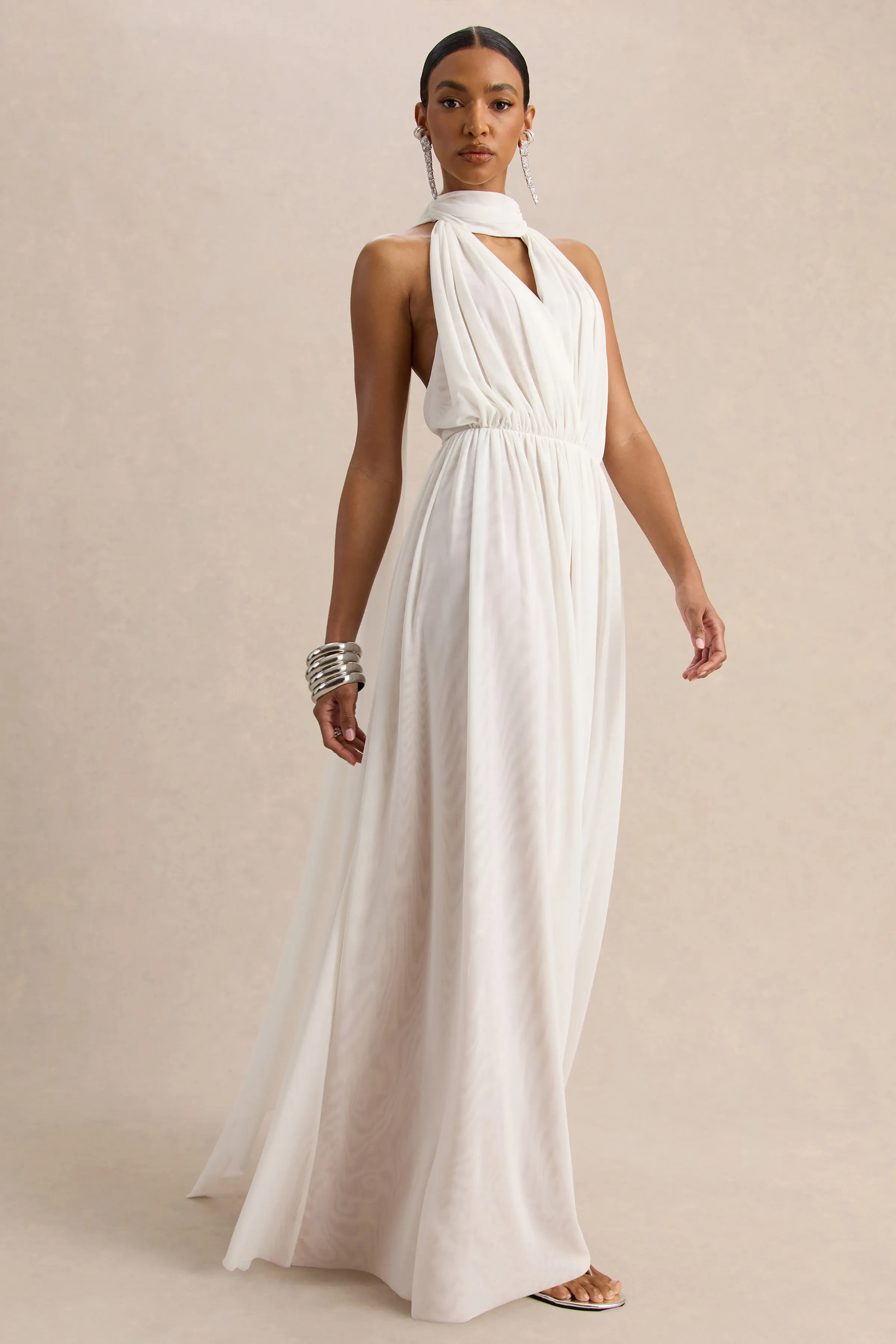 Rylina | White Mesh Halter-Neck Maxi Dress With Scarf And Open-Back sold by Club L London product image thumbnail 5