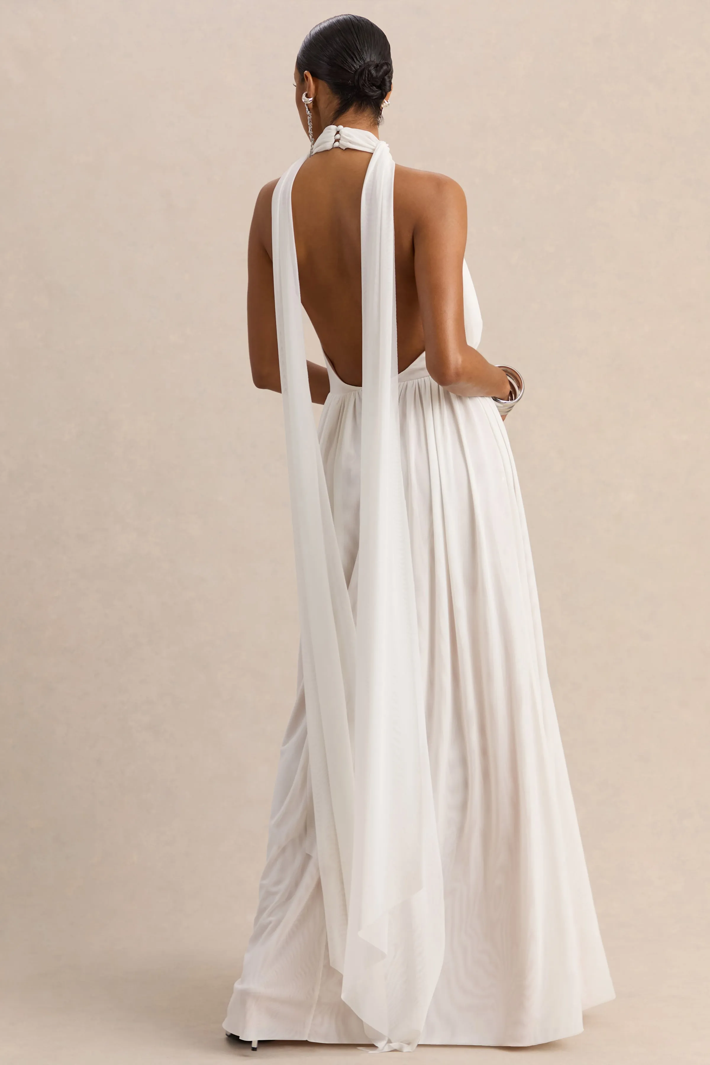 Rylina | White Mesh Halter-Neck Maxi Dress With Scarf And Open-Back sold by Club L London product image thumbnail 2