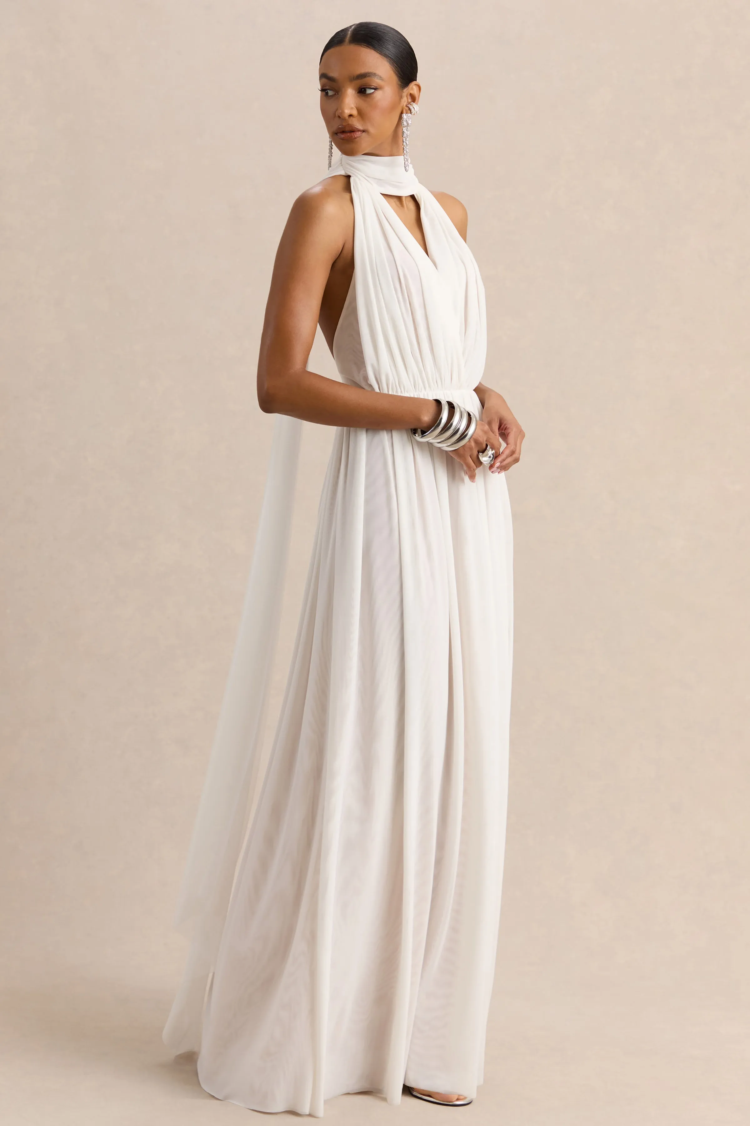 Rylina | White Mesh Halter-Neck Maxi Dress With Scarf And Open-Back sold by Club L London product image thumbnail 4