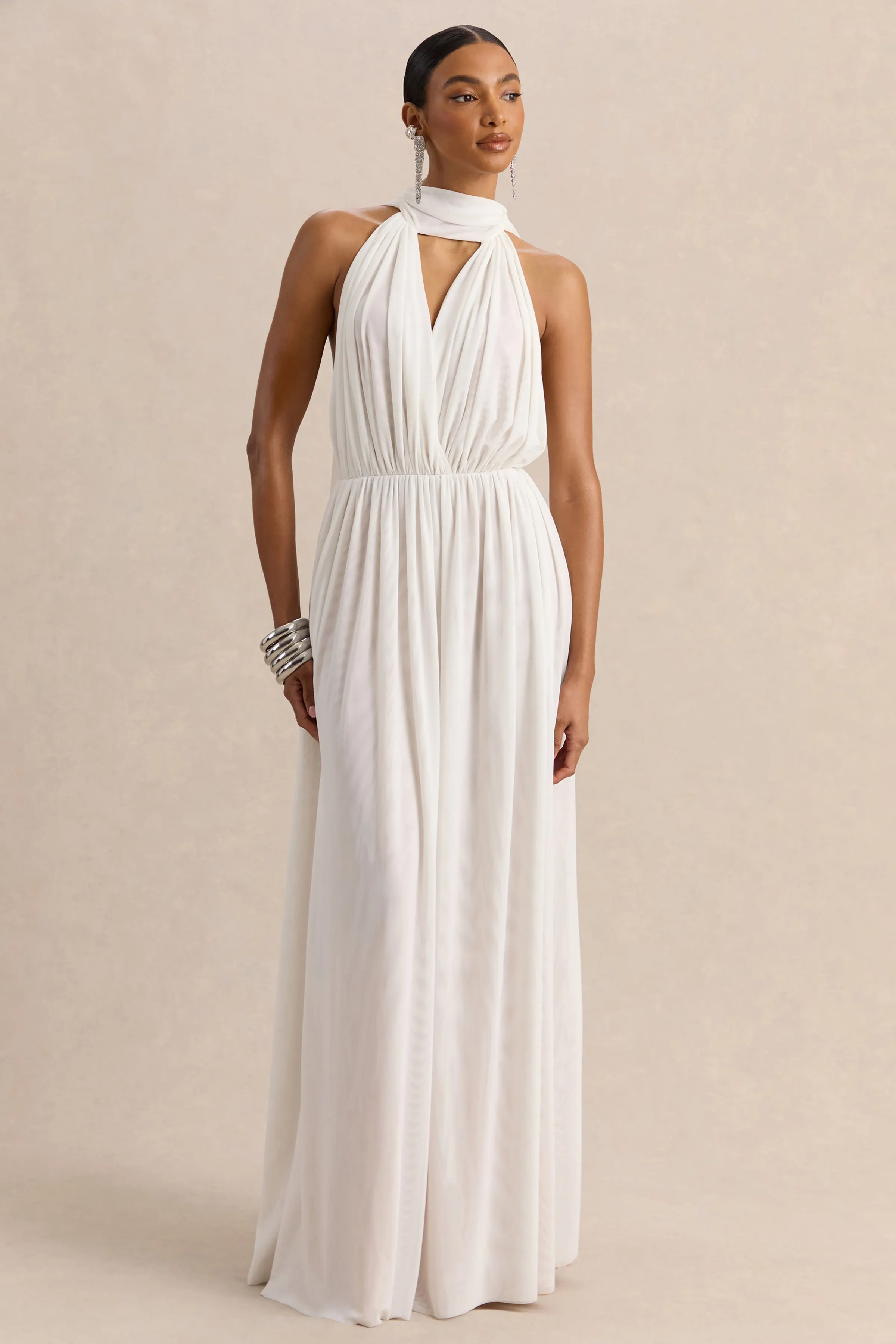Rylina | White Mesh Halter-Neck Maxi Dress With Scarf And Open-Back sold by Club L London