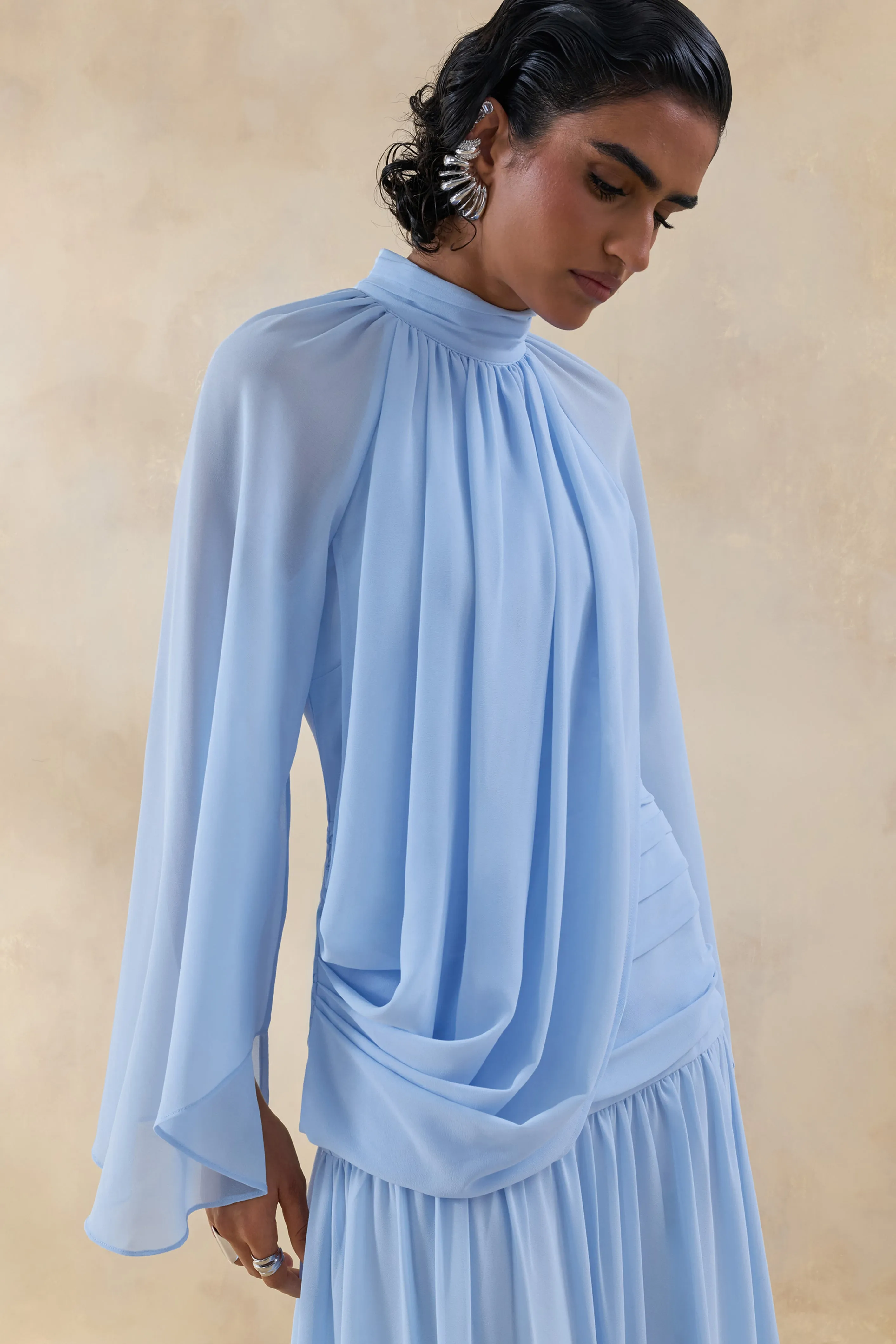 Narella | Blue Chiffon High-Neck Maxi Dress With Draped-Detailing sold by Club L London product image thumbnail 3