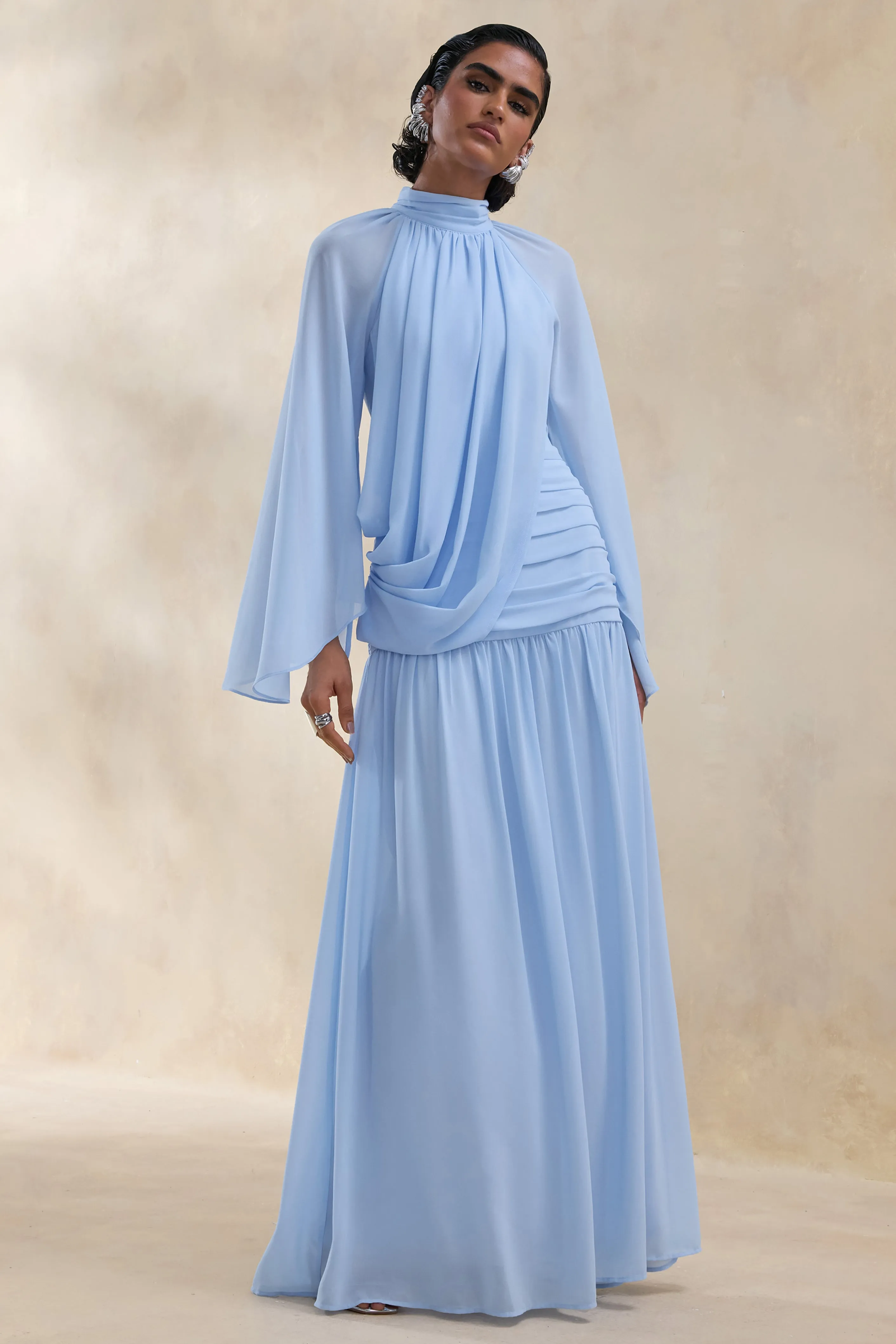 Narella | Blue Chiffon High-Neck Maxi Dress With Draped-Detailing sold by Club L London product image thumbnail 4