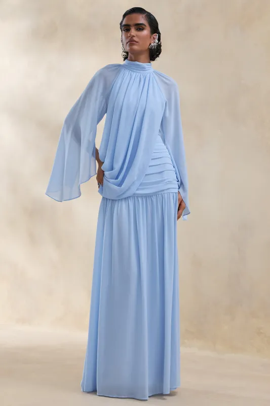 Narella | Blue Chiffon High-Neck Maxi Dress With Draped-Detailing made by Club L London