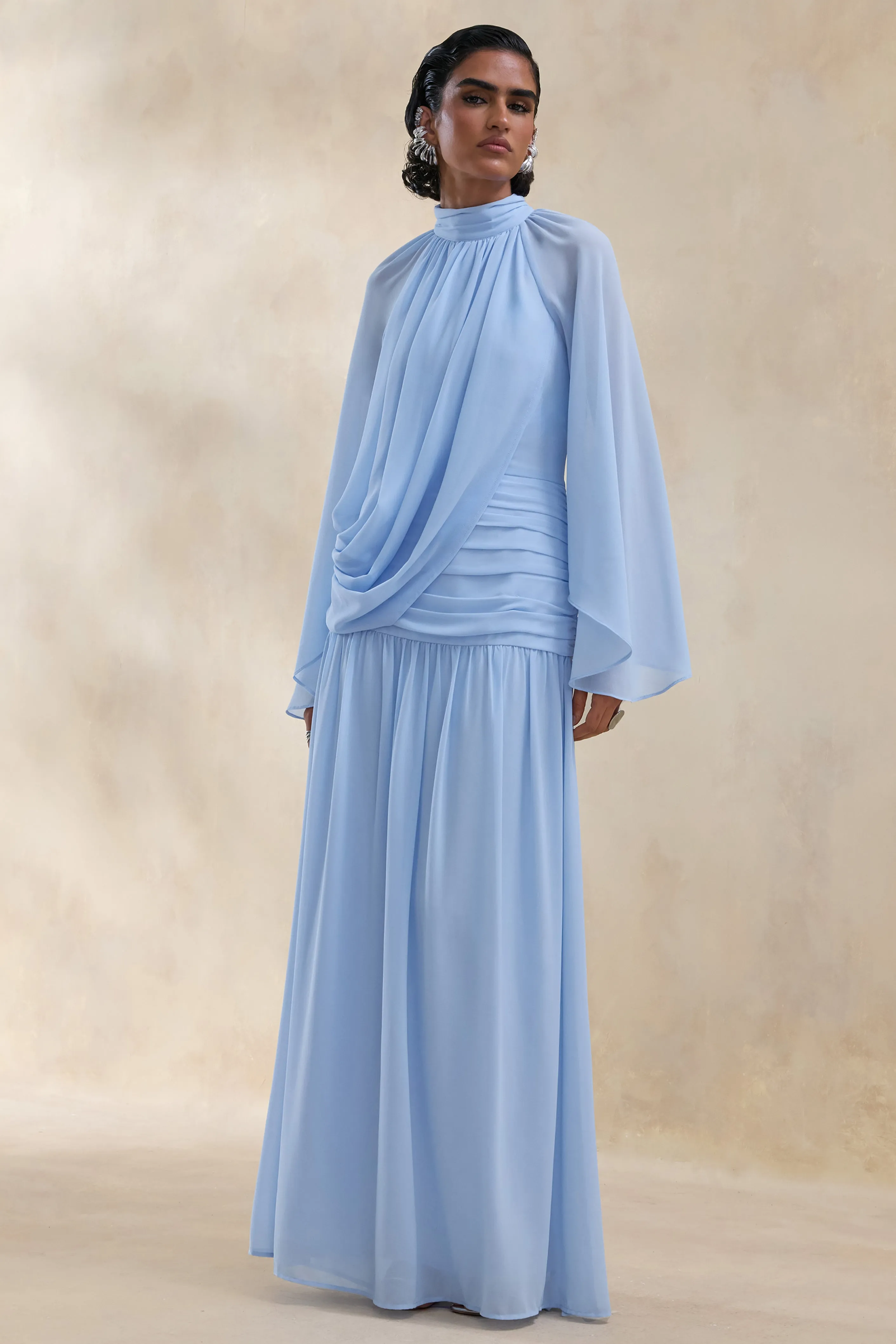 Narella | Blue Chiffon High-Neck Maxi Dress With Draped-Detailing sold by Club L London product image thumbnail 5
