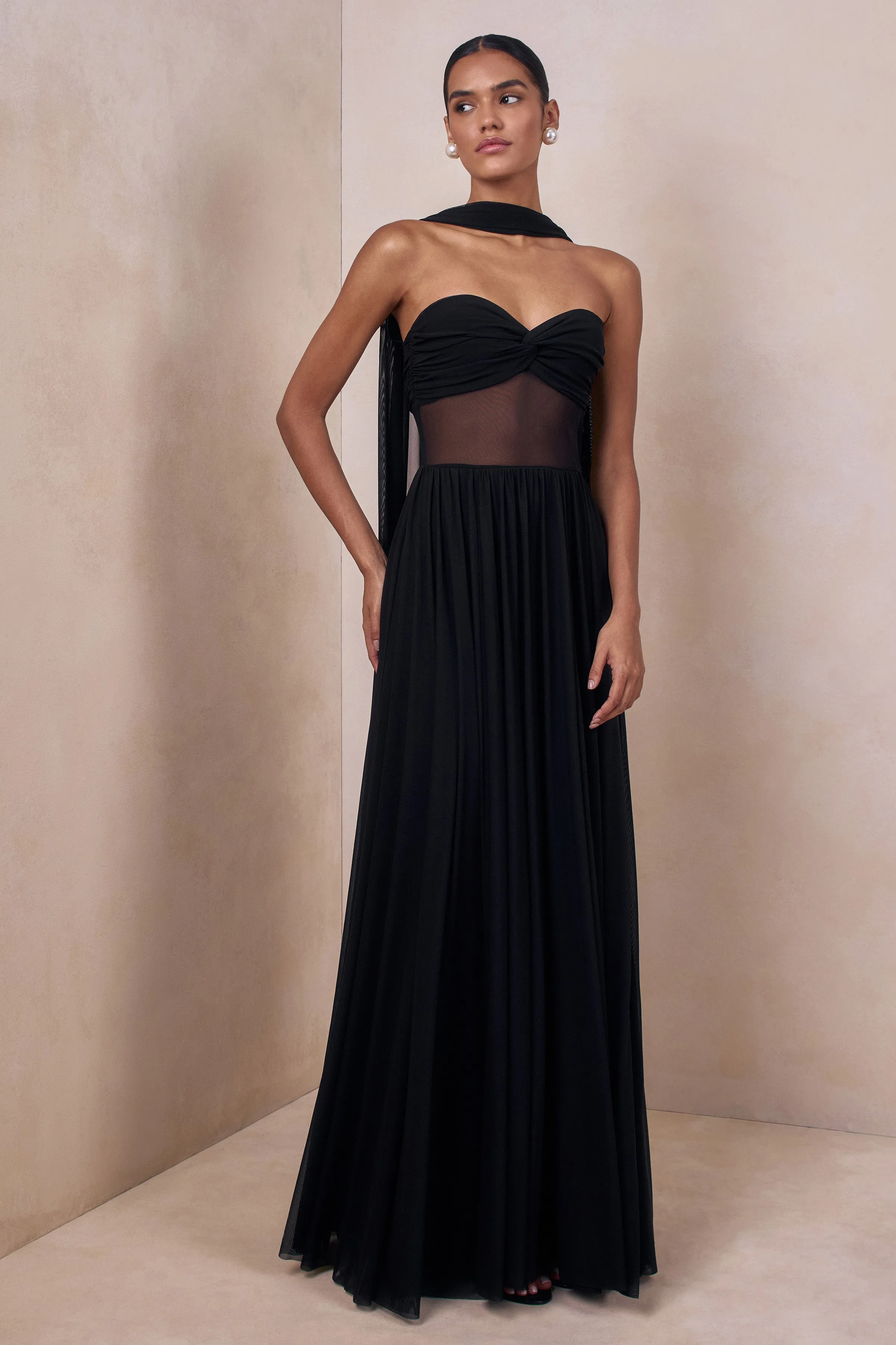 Lyvoria | Black Bandeau Maxi Dress With Mesh-Detail And Scarf sold by Club L London product image thumbnail 4