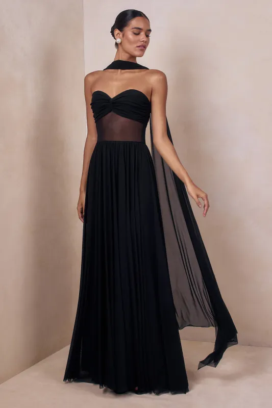 Lyvoria | Black Bandeau Maxi Dress With Mesh-Detail And Scarf made by Club L London