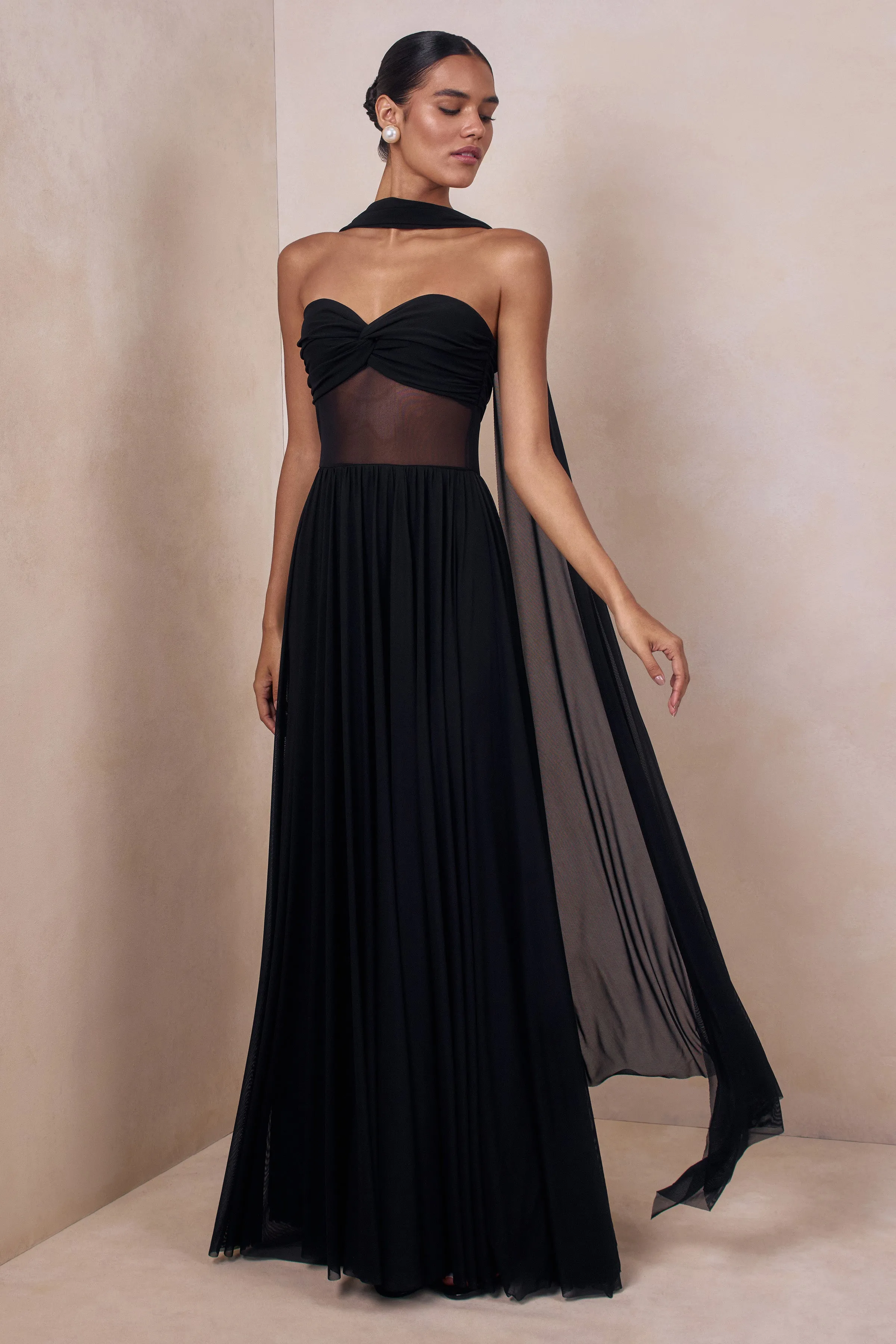 Lyvoria | Black Bandeau Maxi Dress With Mesh-Detail And Scarf sold by Club L London