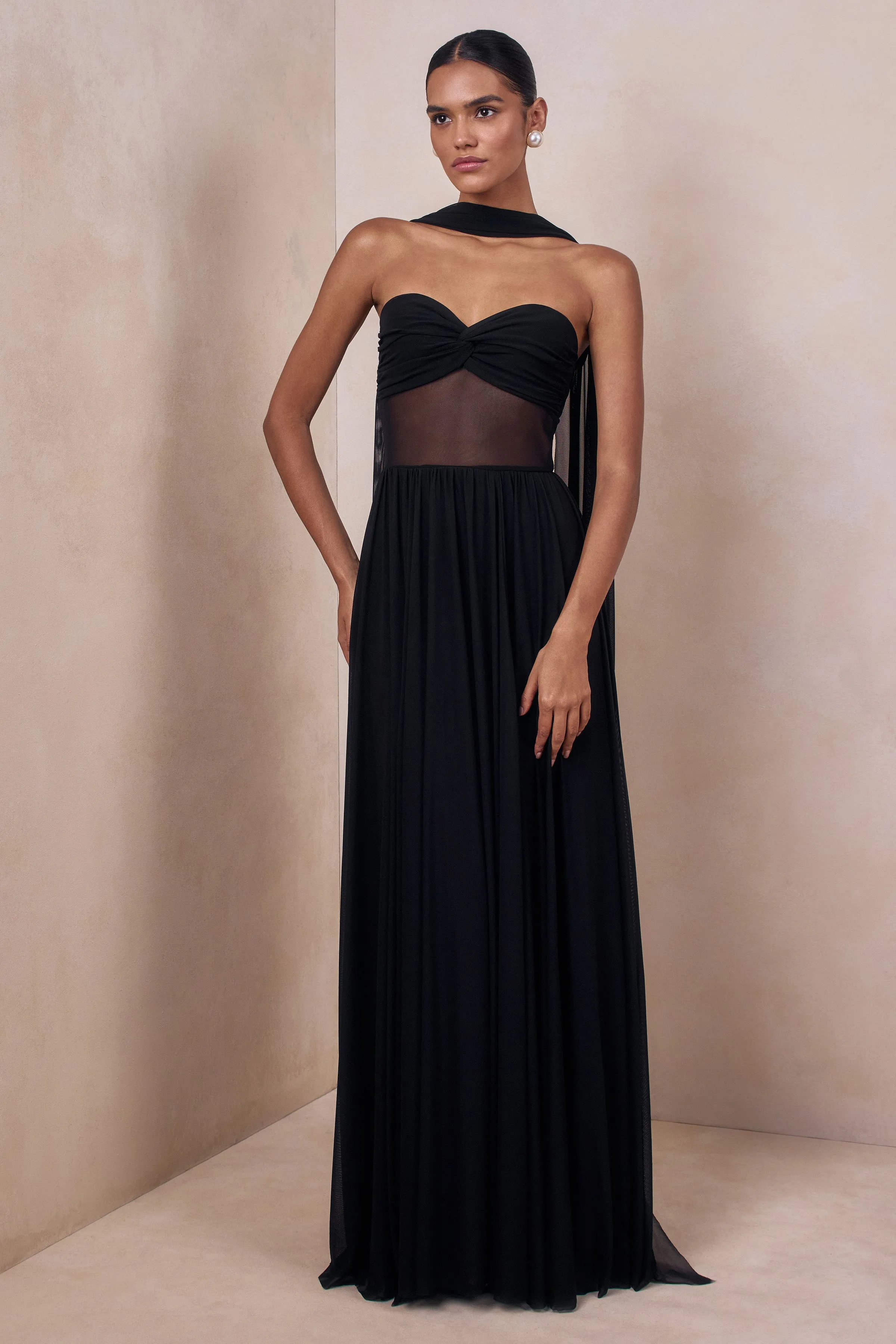 Lyvoria | Black Bandeau Maxi Dress With Mesh-Detail And Scarf sold by Club L London product image thumbnail 5