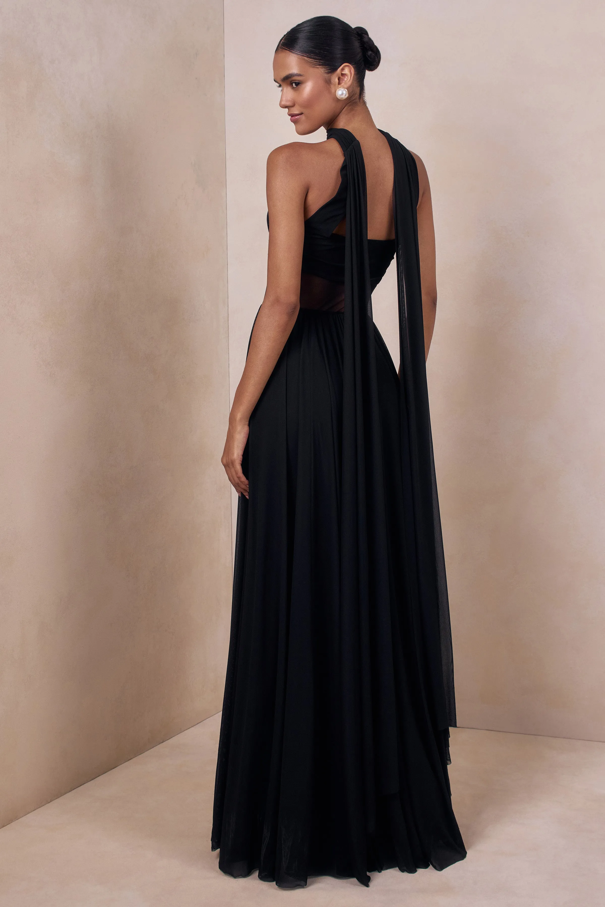 Lyvoria | Black Bandeau Maxi Dress With Mesh-Detail And Scarf sold by Club L London product image thumbnail 2