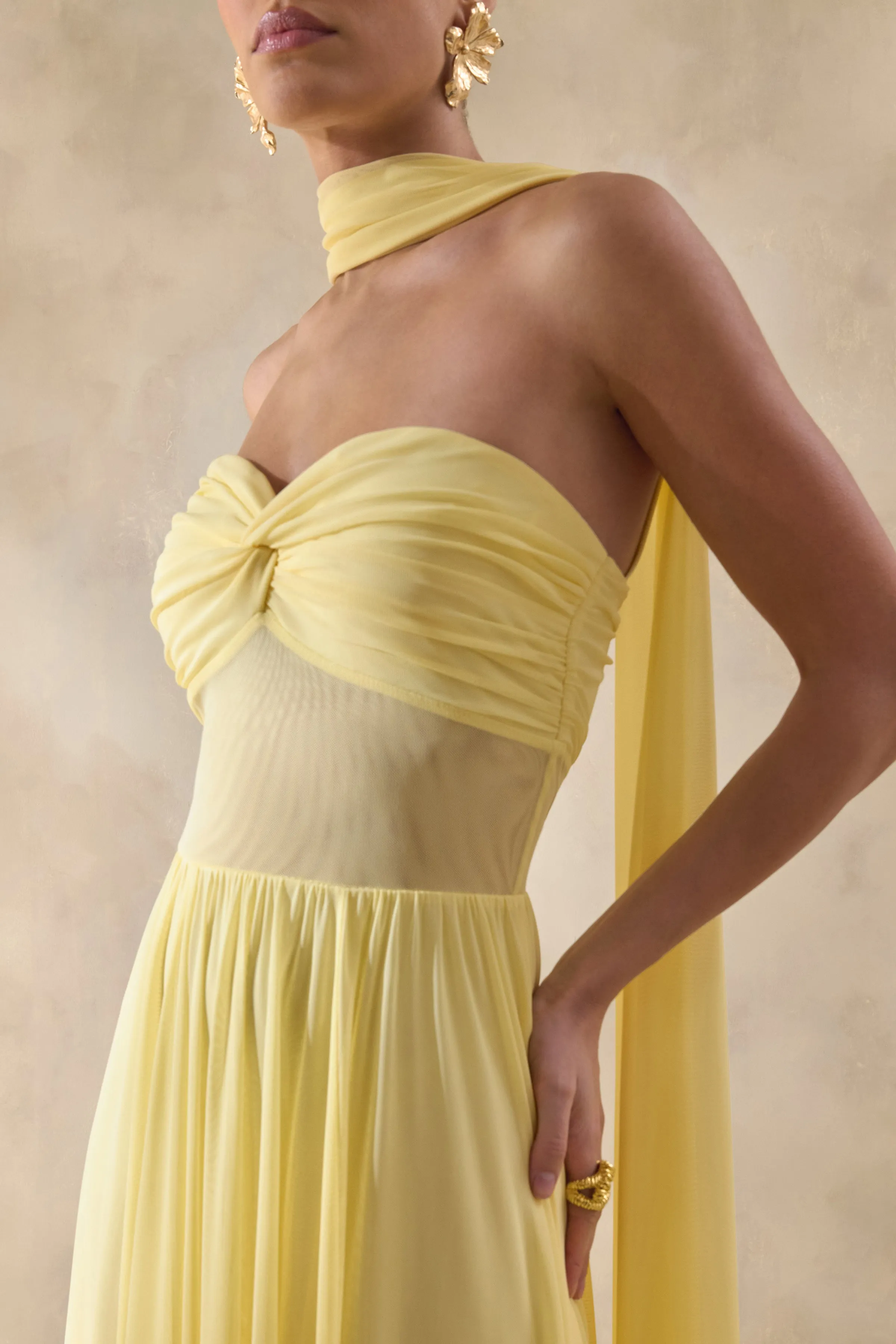 Lyvoria | Lemon Bandeau Maxi Dress With Mesh-Detail And Scarf sold by Club L London product image thumbnail 3