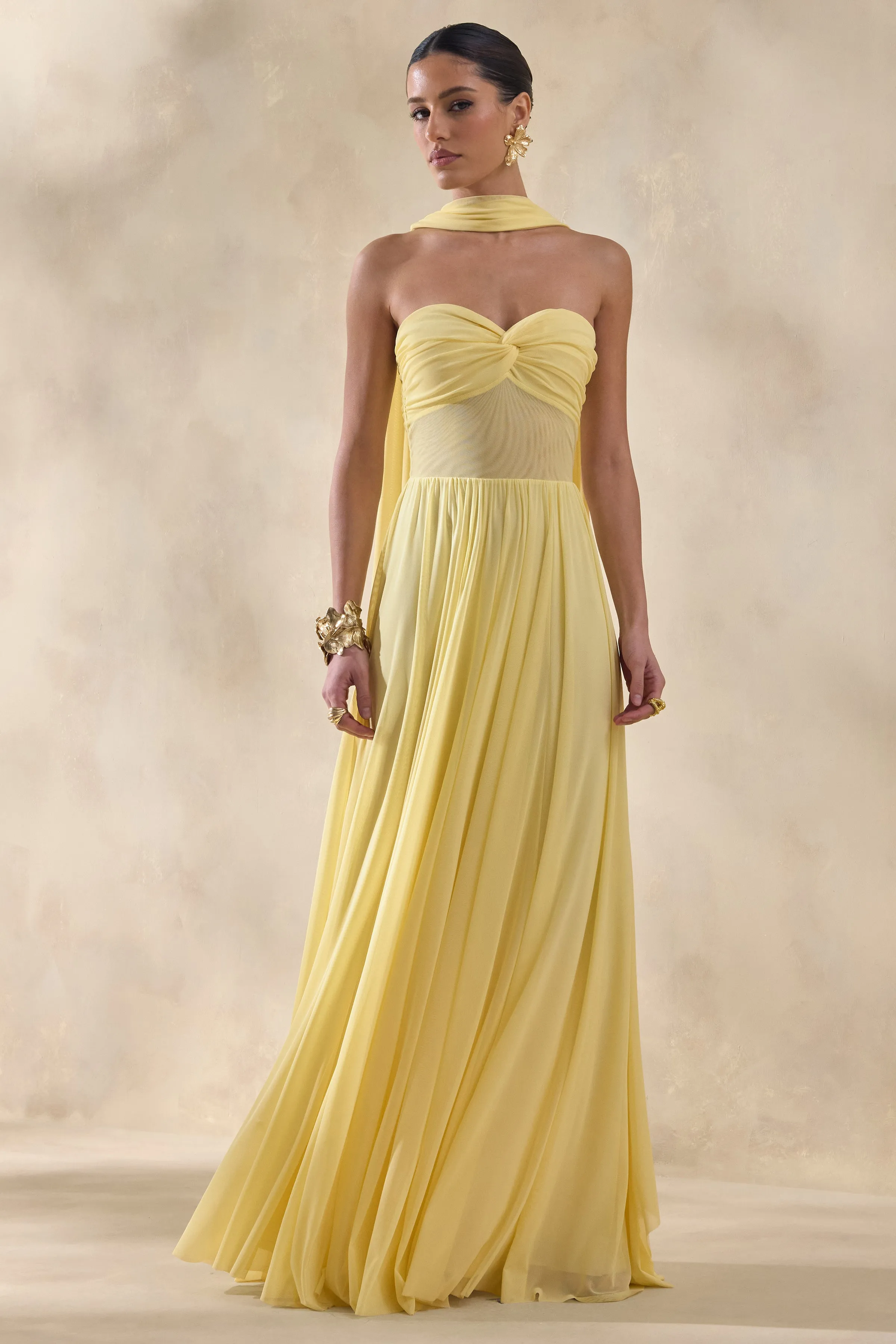 Lyvoria | Lemon Bandeau Maxi Dress With Mesh-Detail And Scarf sold by Club L London product image thumbnail 4