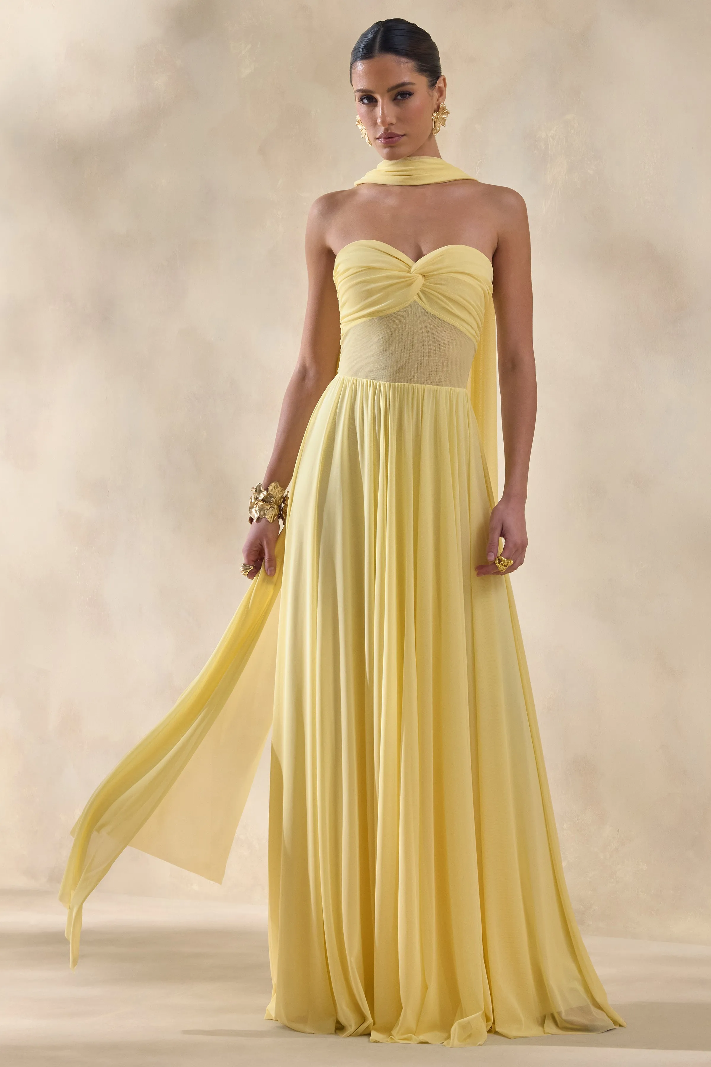 Lyvoria | Lemon Bandeau Maxi Dress With Mesh-Detail And Scarf sold by Club L London