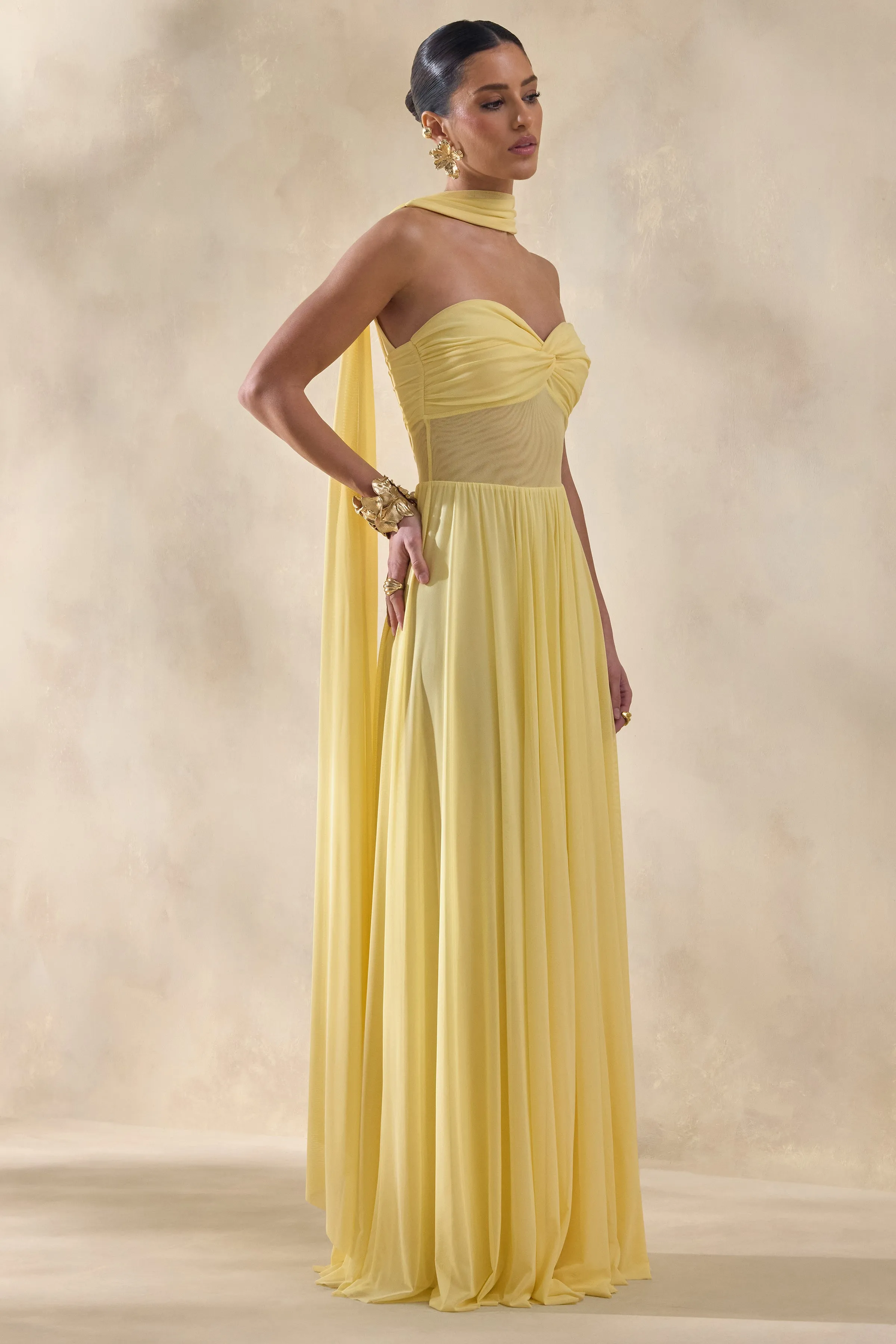 Lyvoria | Lemon Bandeau Maxi Dress With Mesh-Detail And Scarf sold by Club L London product image thumbnail 5