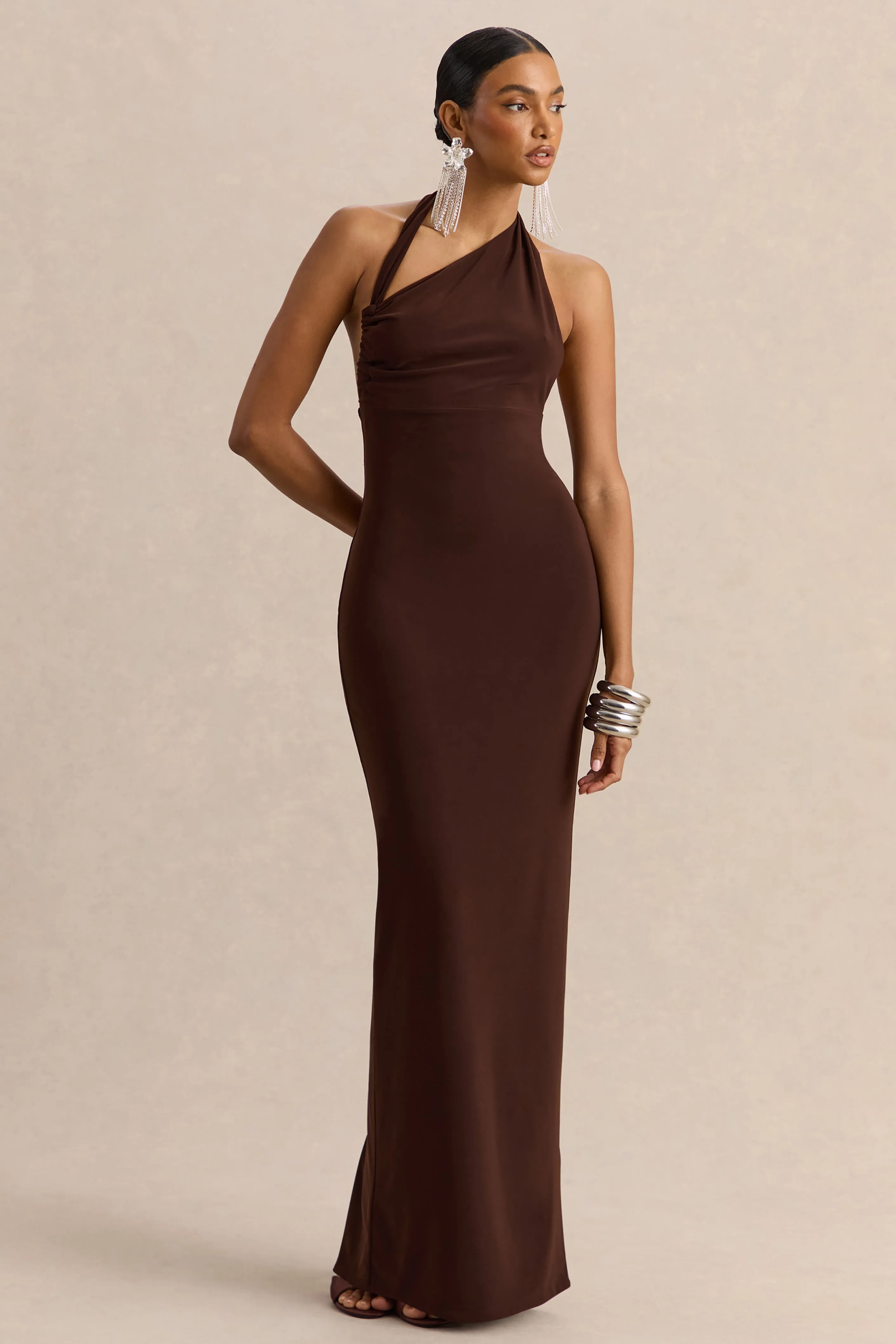 Delisse | Brown Asymmetric-Neck Maxi Dress sold by Club L London product image thumbnail 4