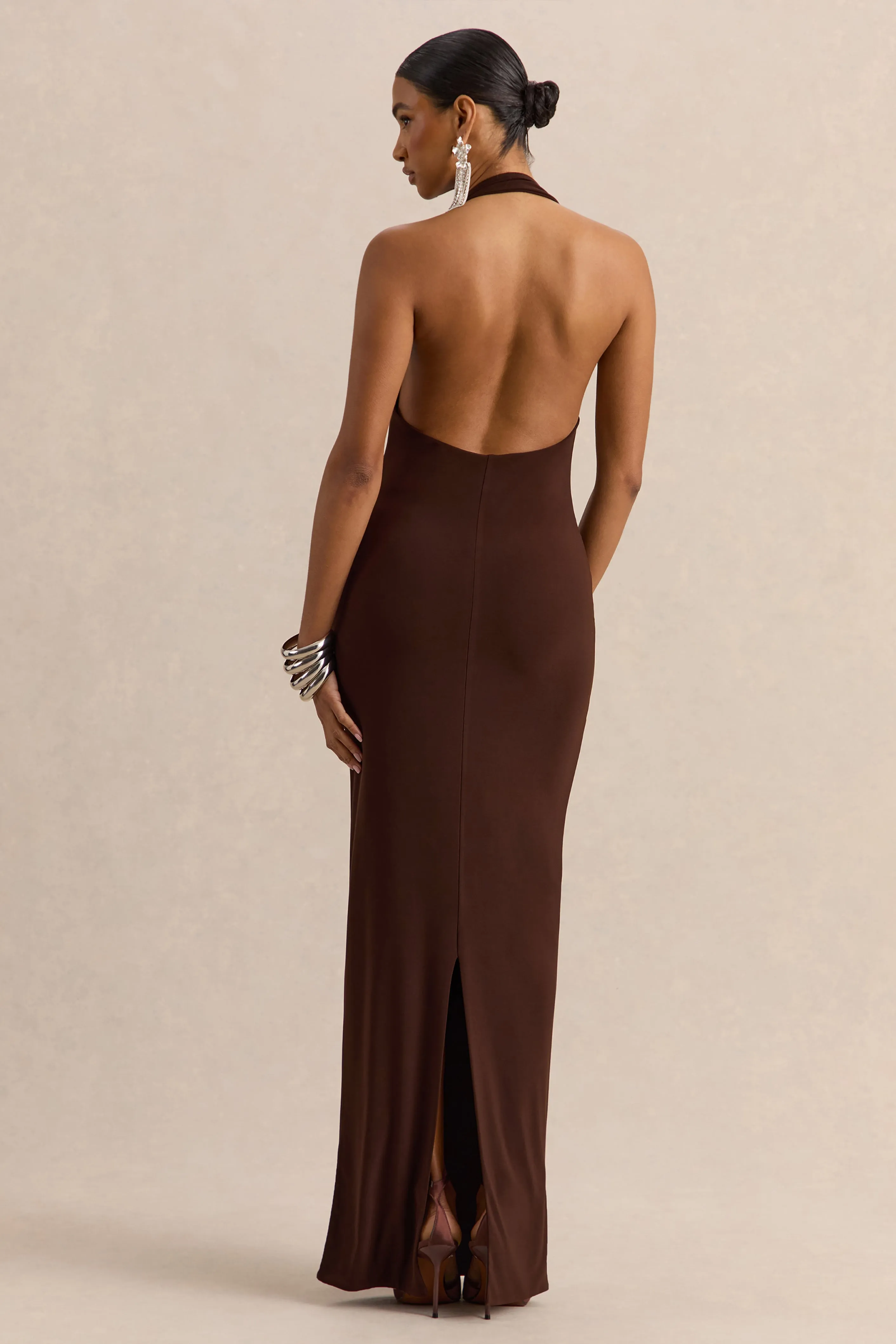 Delisse | Brown Asymmetric-Neck Maxi Dress sold by Club L London product image thumbnail 2