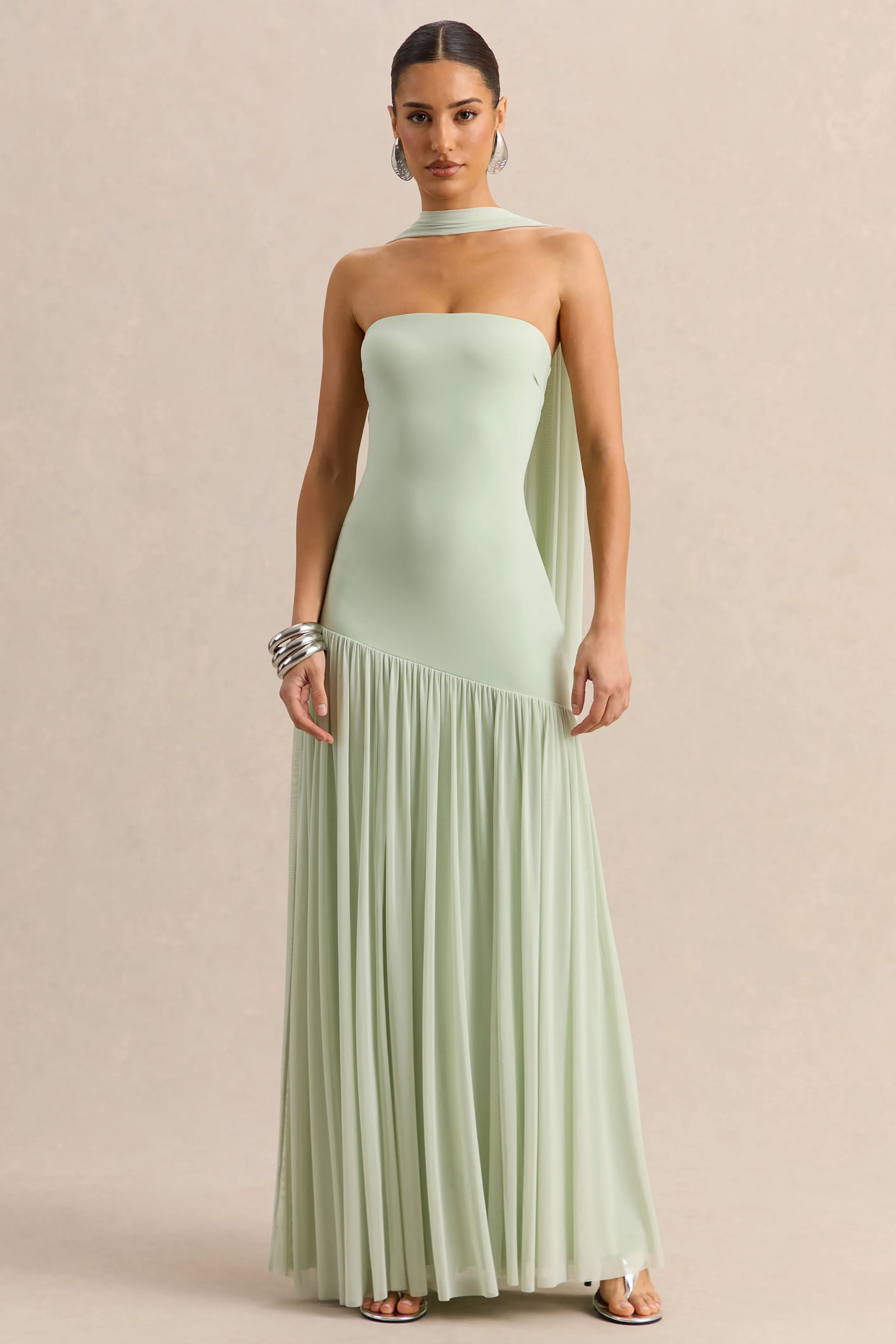 Bambi | Mint Bandeau Maxi Dress With Scarf-Detail sold by Club L London