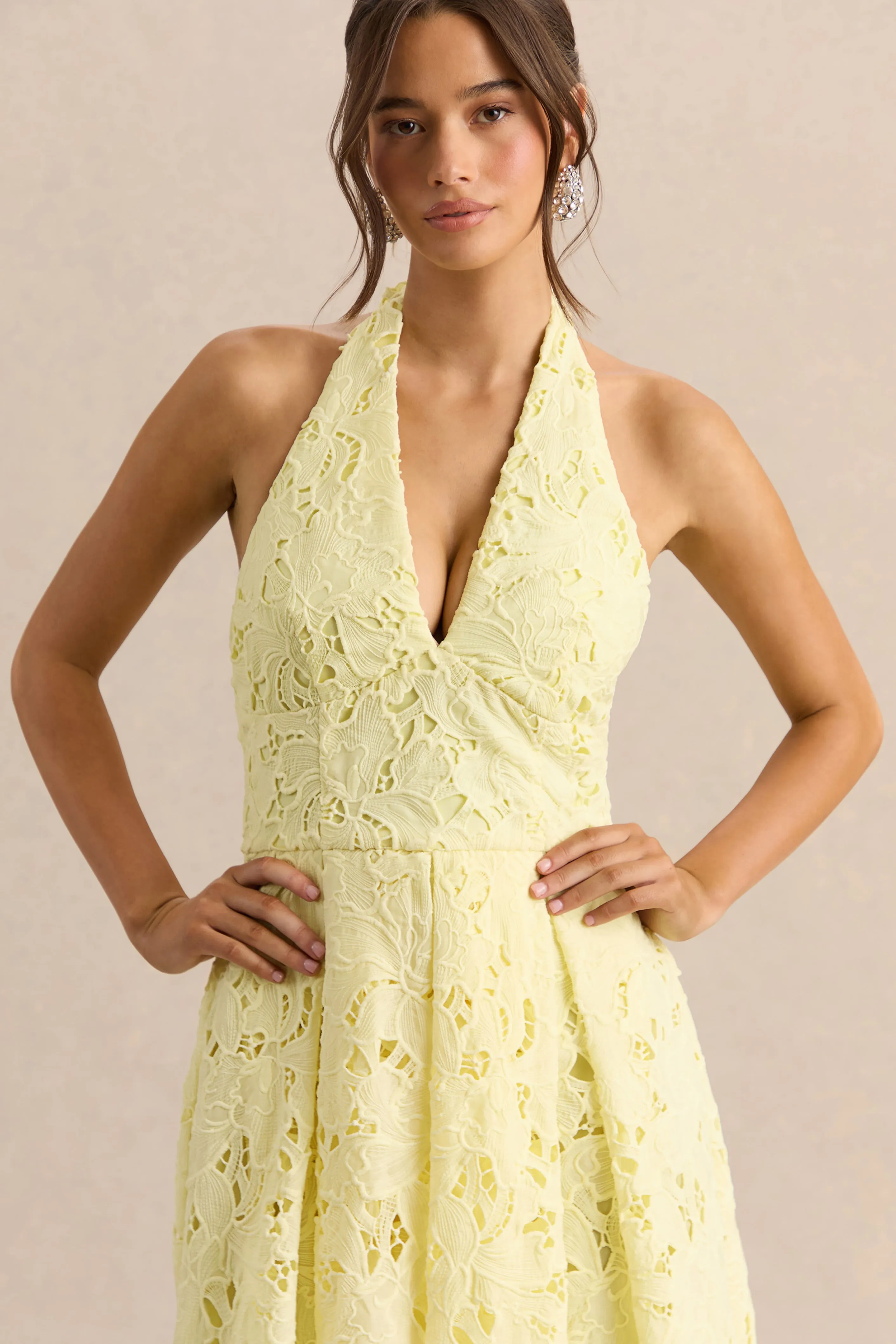 Maribel | Lemon Lace Plunge-Neck Midi Dress sold by Club L London product image thumbnail 3