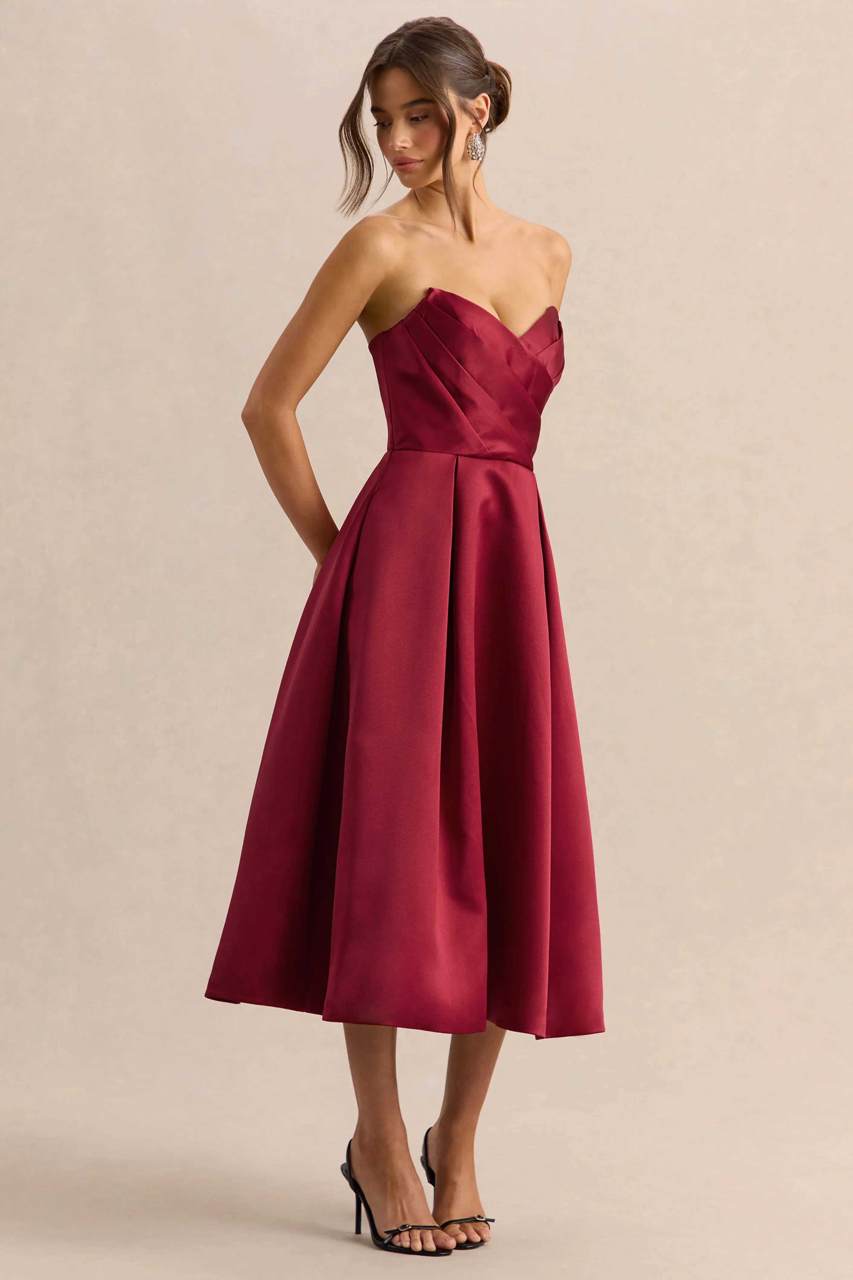 Promises | Red Satin Bandeau-Neck Midi Dress sold by Club L London product image thumbnail 4