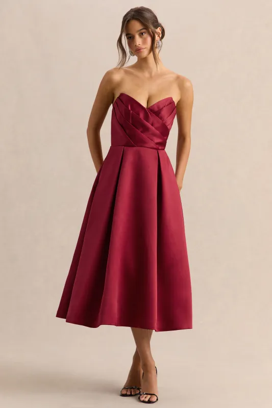 Promises | Red Satin Bandeau-Neck Midi Dress made by Club L London