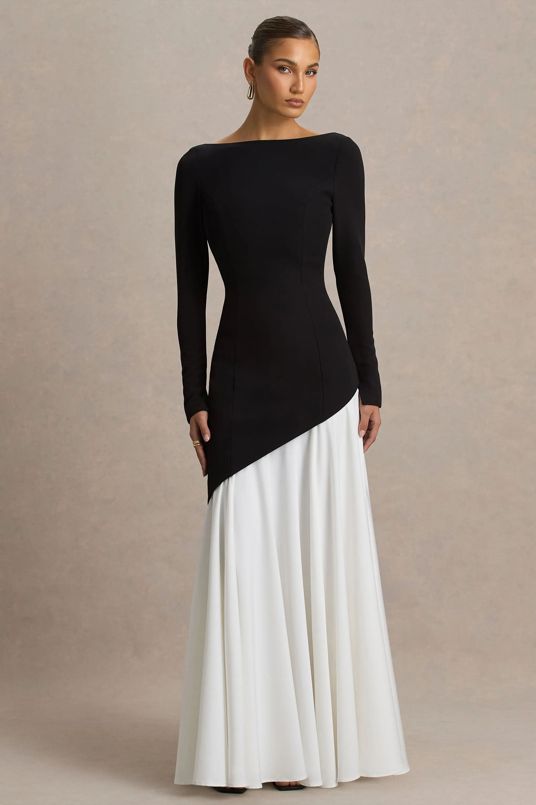 Caty | Black And White Long-Sleeved Maxi Dress With Asymmetric Drop-Waist sold by Club L London product image thumbnail 4