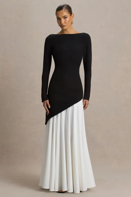 Caty | Black And White Long-Sleeved Maxi Dress With Asymmetric Drop-Waist made by Club L London