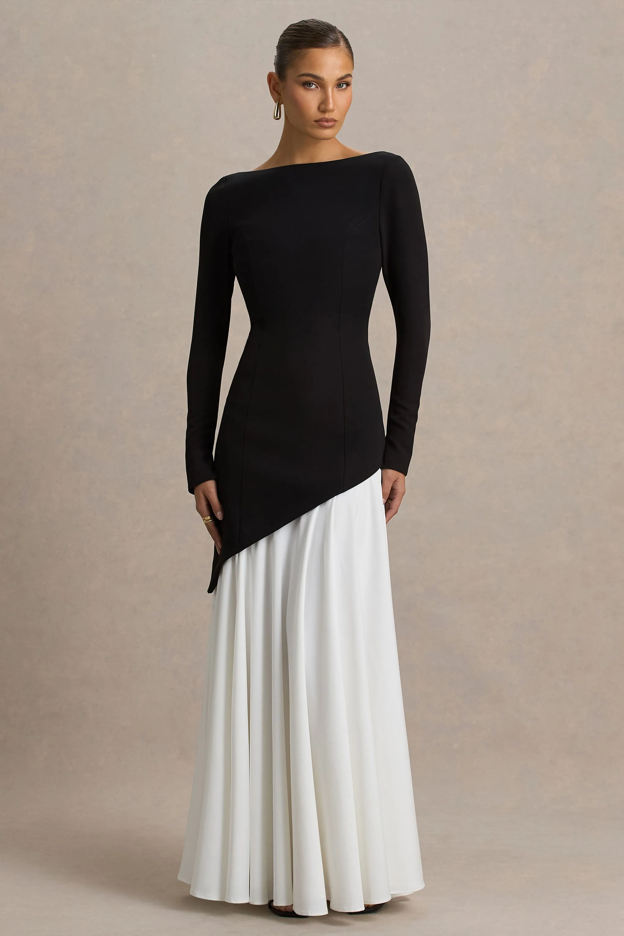 Caty | Black And White Long-Sleeved Maxi Dress With Asymmetric Drop-Waist sold by Club L London product image thumbnail 5