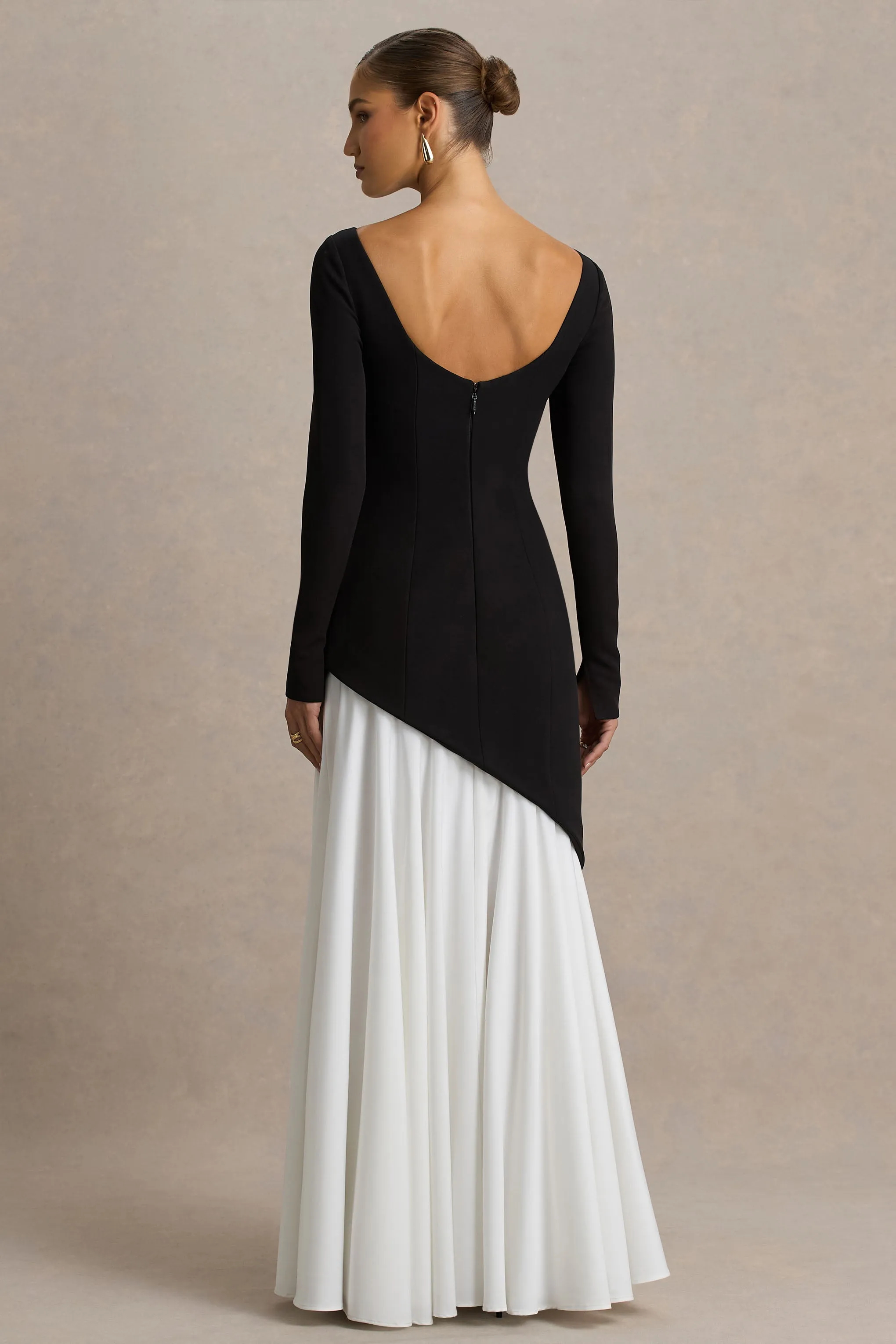 Caty | Black And White Long-Sleeved Maxi Dress With Asymmetric Drop-Waist sold by Club L London product image thumbnail 2