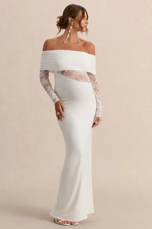 Artemisia | White Jersey Bardot Long Sleeve Maternity Maxi Dress With Gathered Detailing And Sheer Lace Panel made by Club L London