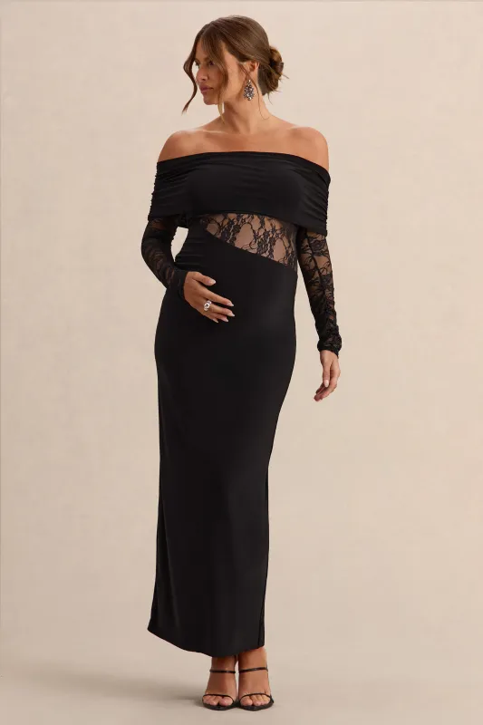 Artemisia | Black Jersey Bardot Long Sleeve Maternity Maxi Dress With Gathered Detailing And Sheer Lace Panel made by Club L London