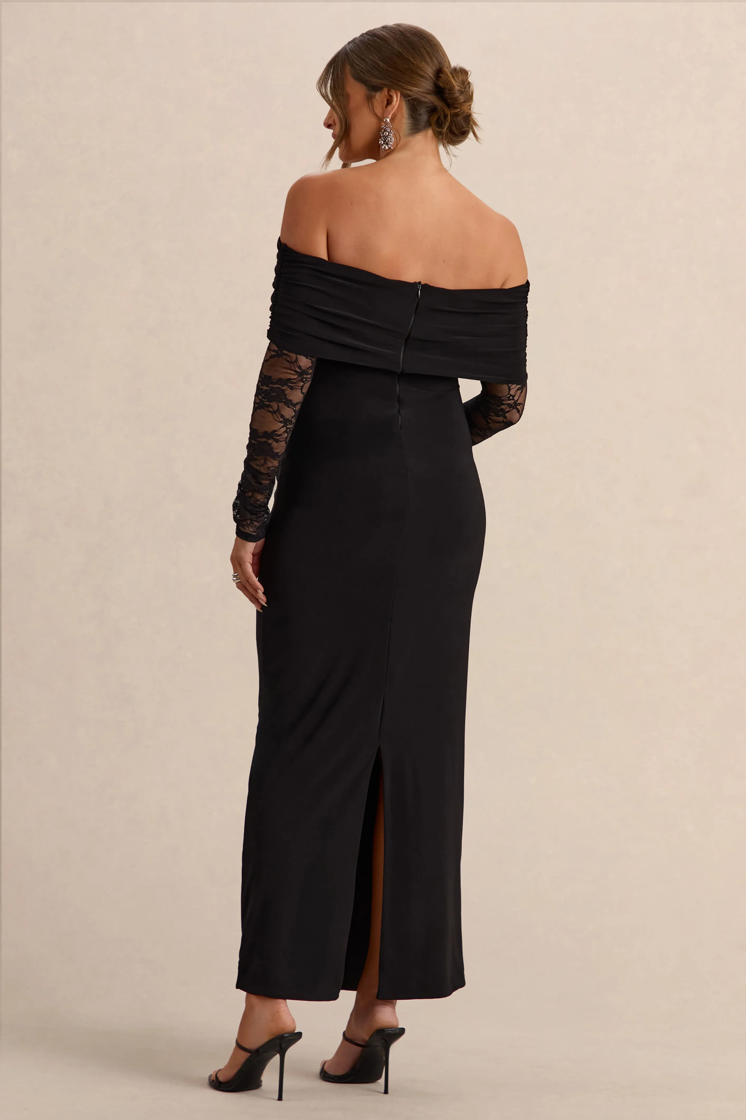 Artemisia | Black Jersey Bardot Long Sleeve Maternity Maxi Dress With Gathered Detailing And Sheer Lace Panel sold by Club L London product image thumbnail 2