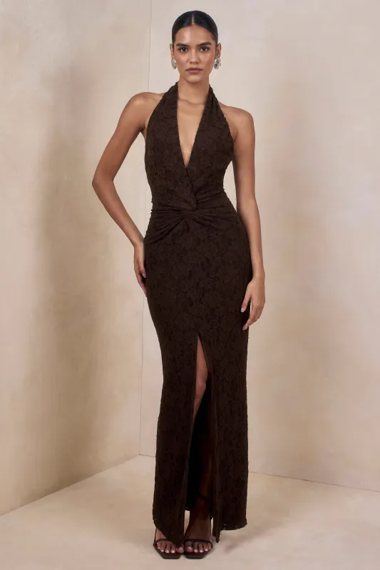Ocealla | Brown Lace Plunge-Neck Maxi Dress With Gathered-Detailing made by Club L London
