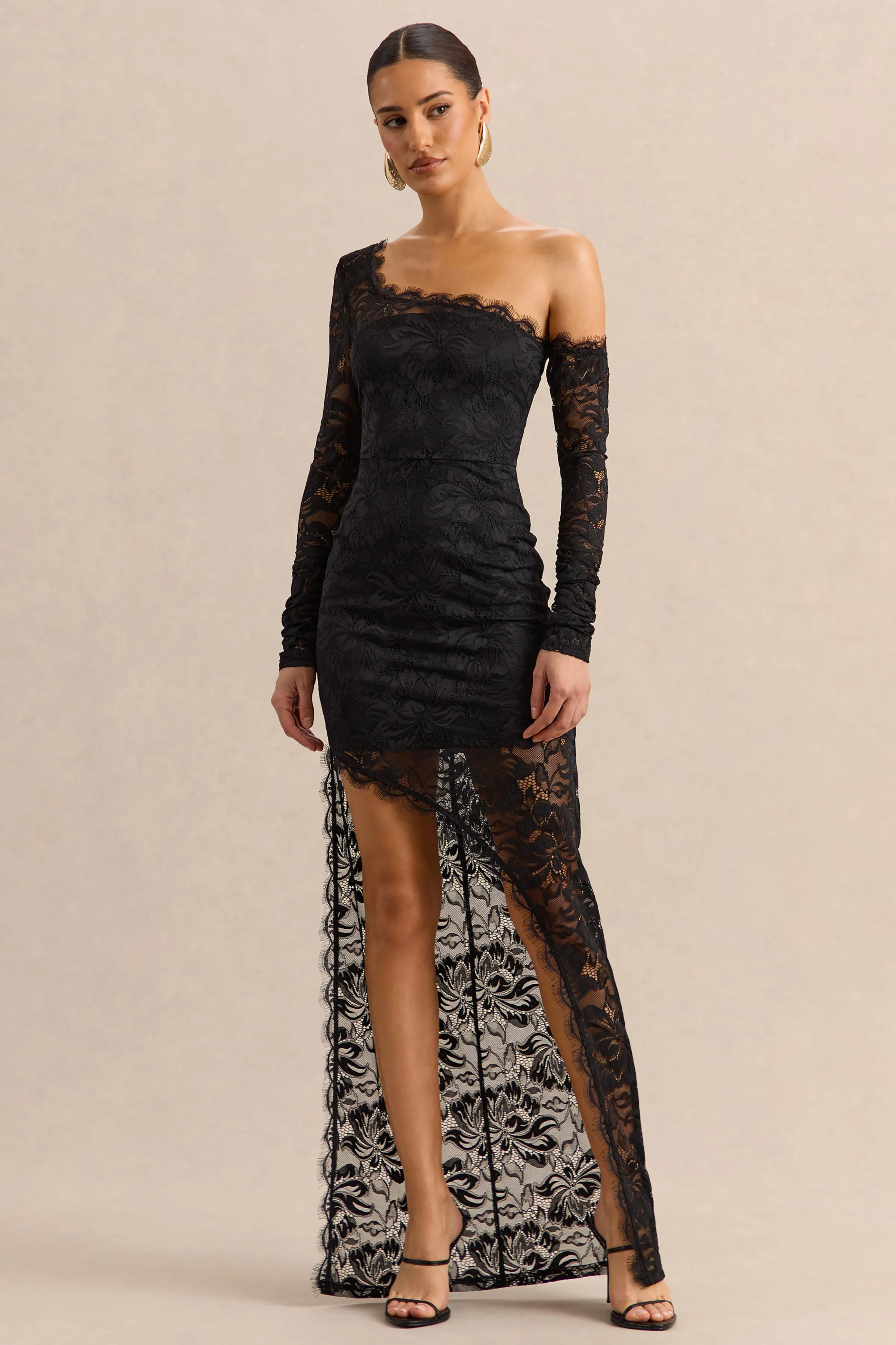 Orlania | Black Lace Asymmetric-Neck Maxi Dress With Asymmetric-Hem sold by Club L London product image thumbnail 4