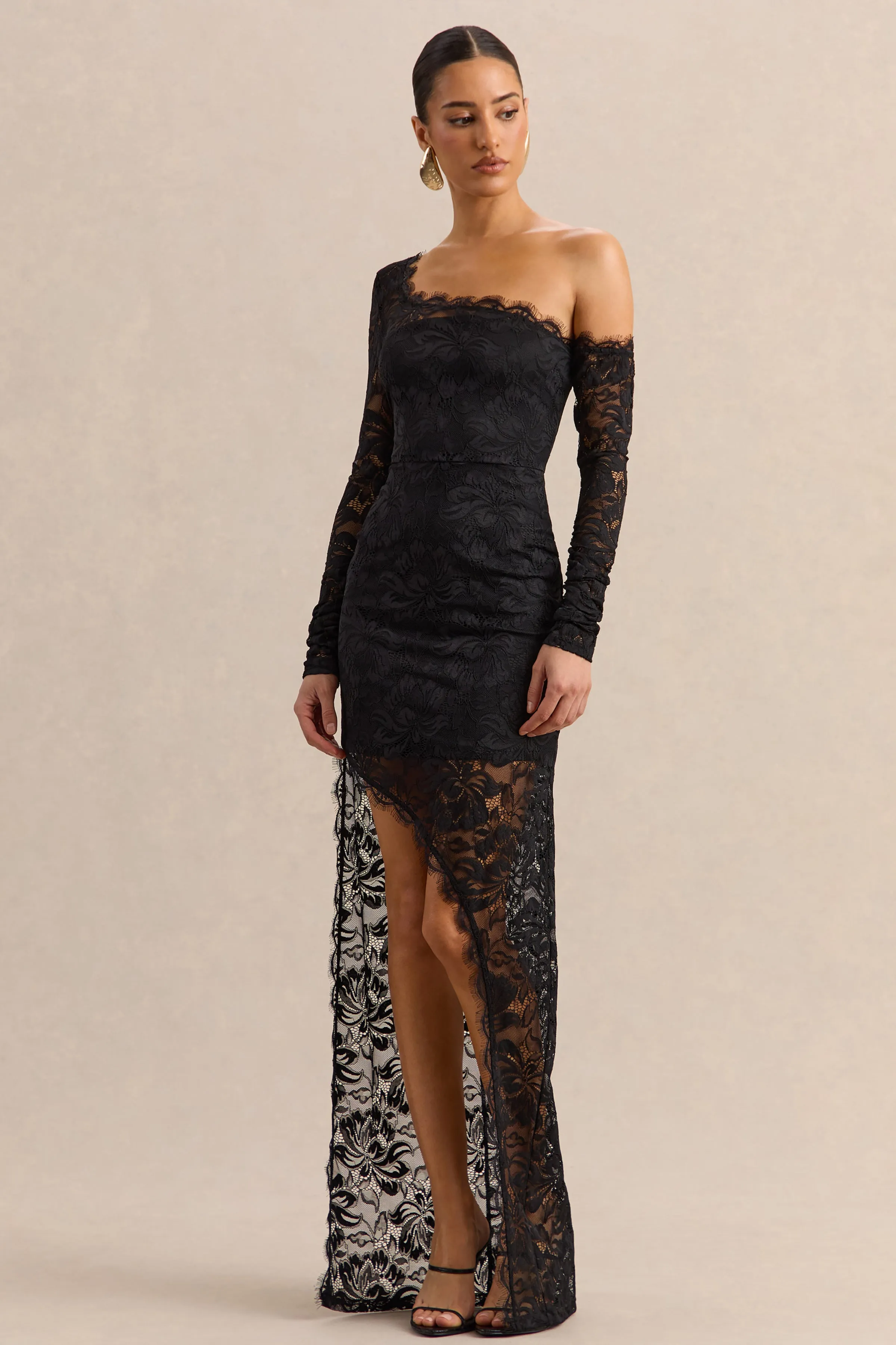 Orlania | Black Lace Asymmetric-Neck Maxi Dress With Asymmetric-Hem sold by Club L London product image thumbnail 5