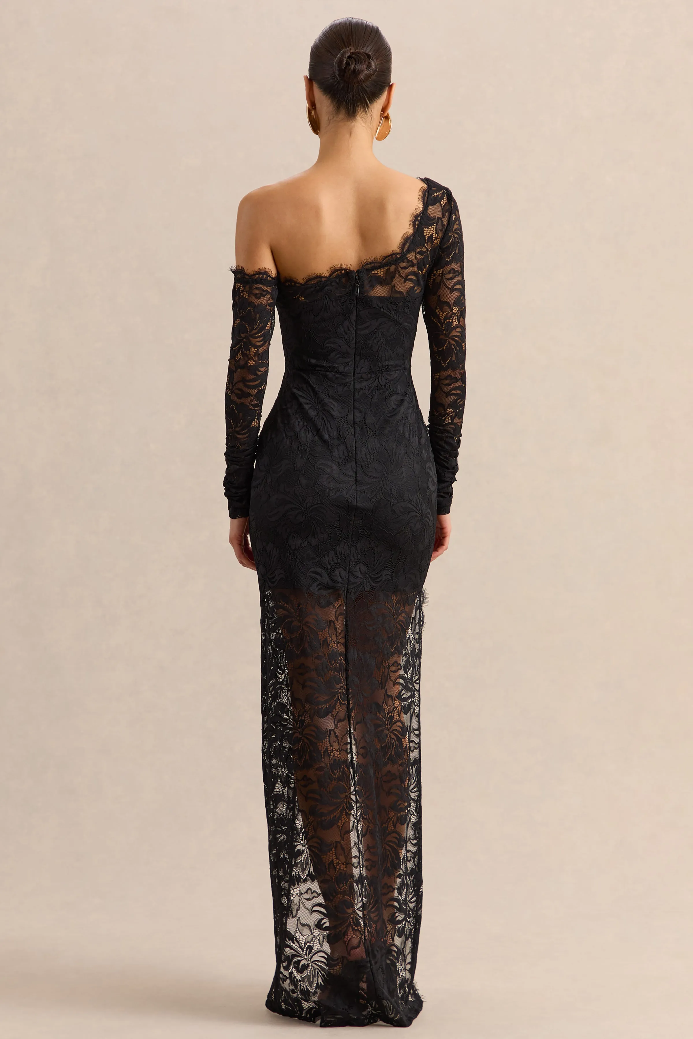 Orlania | Black Lace Asymmetric-Neck Maxi Dress With Asymmetric-Hem sold by Club L London product image thumbnail 2