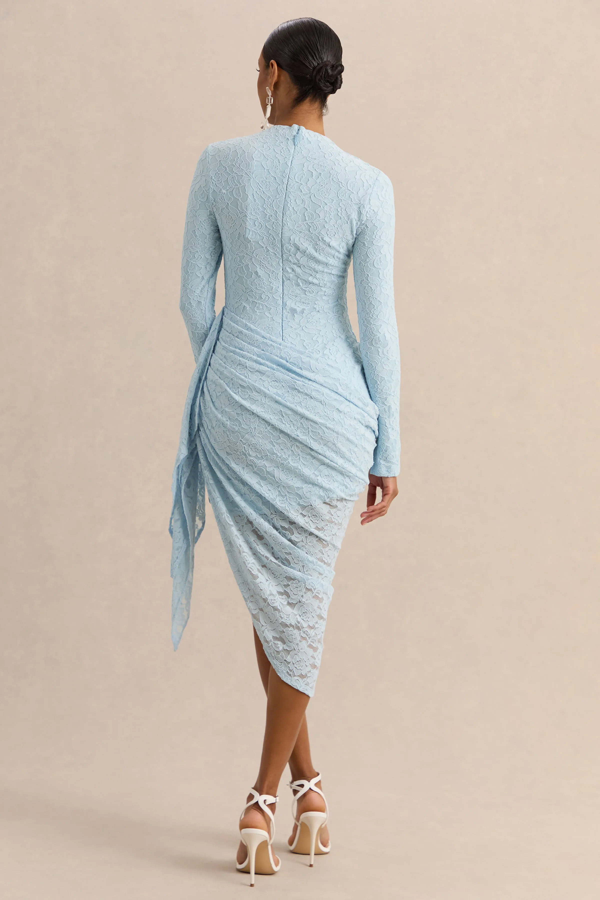 Laureline | Powder Blue Lace Crew-Neck Midi Dress With Draped-Detail And Asymmetric-Hem sold by Club L London product image thumbnail 2