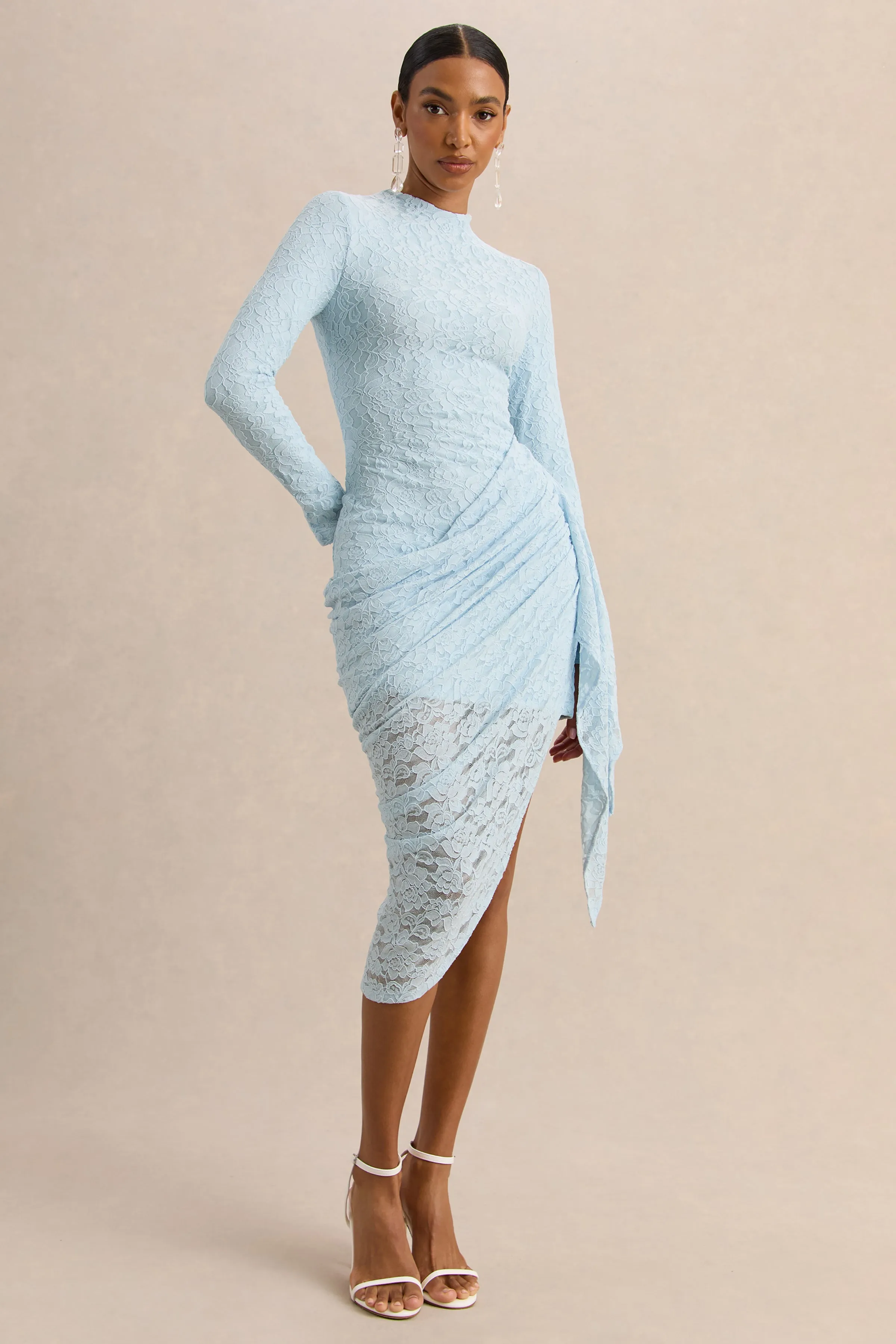 Laureline | Powder Blue Lace Crew-Neck Midi Dress With Draped-Detail And Asymmetric-Hem sold by Club L London product image thumbnail 4