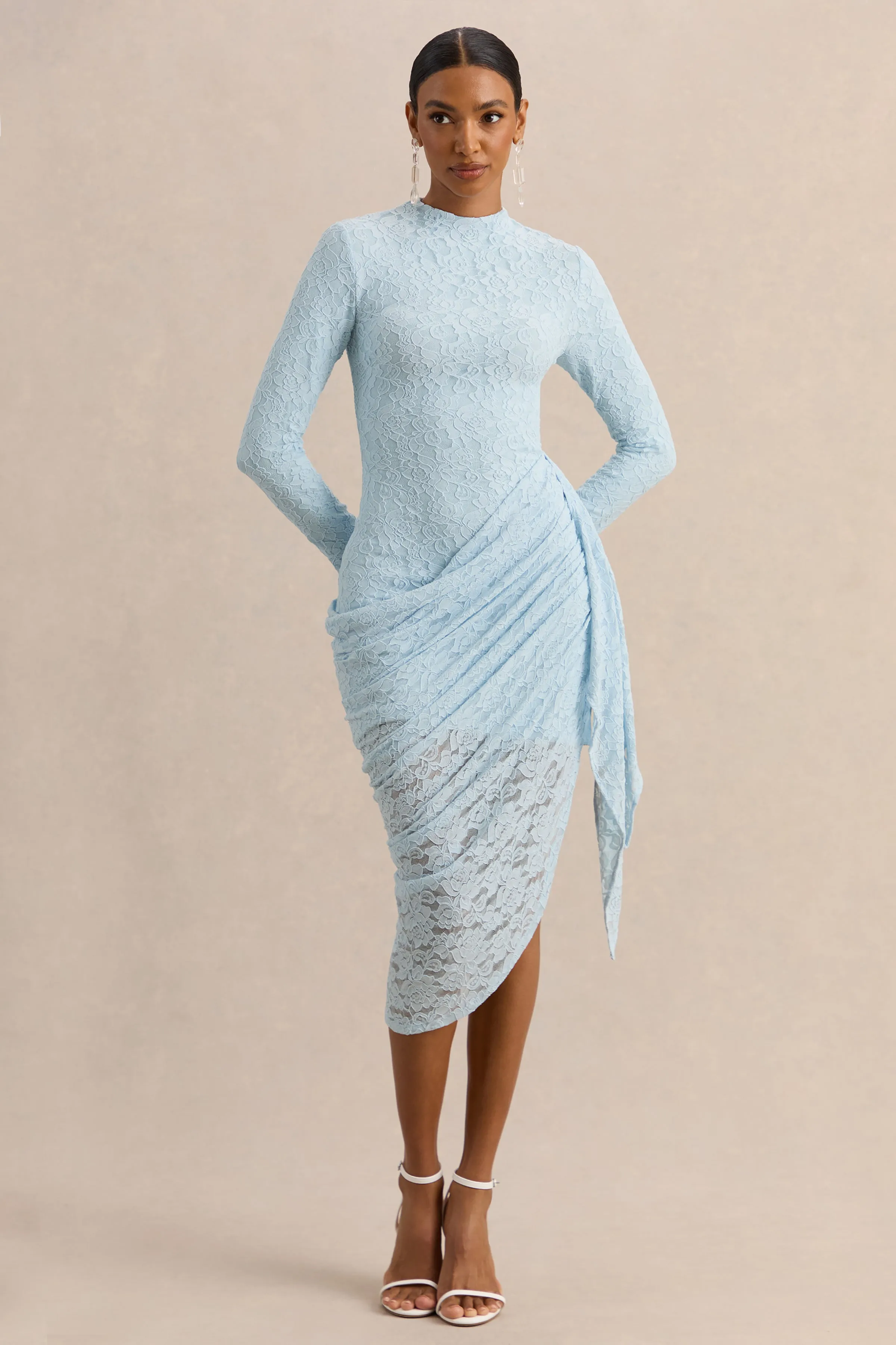 Laureline | Powder Blue Lace Crew-Neck Midi Dress With Draped-Detail And Asymmetric-Hem sold by Club L London