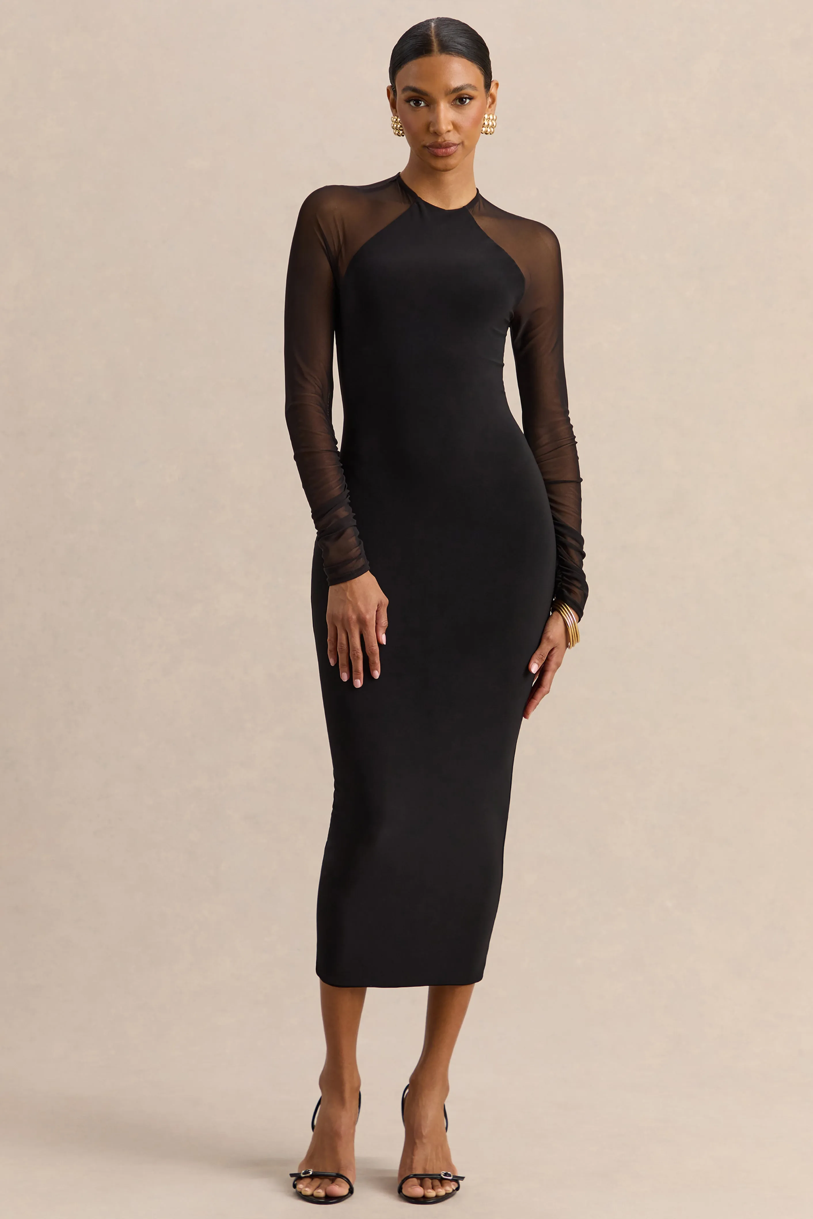 Aurevia | Black Crew-Neck Midi Dress With Long Mesh-Sleeves sold by Club L London product image thumbnail 5