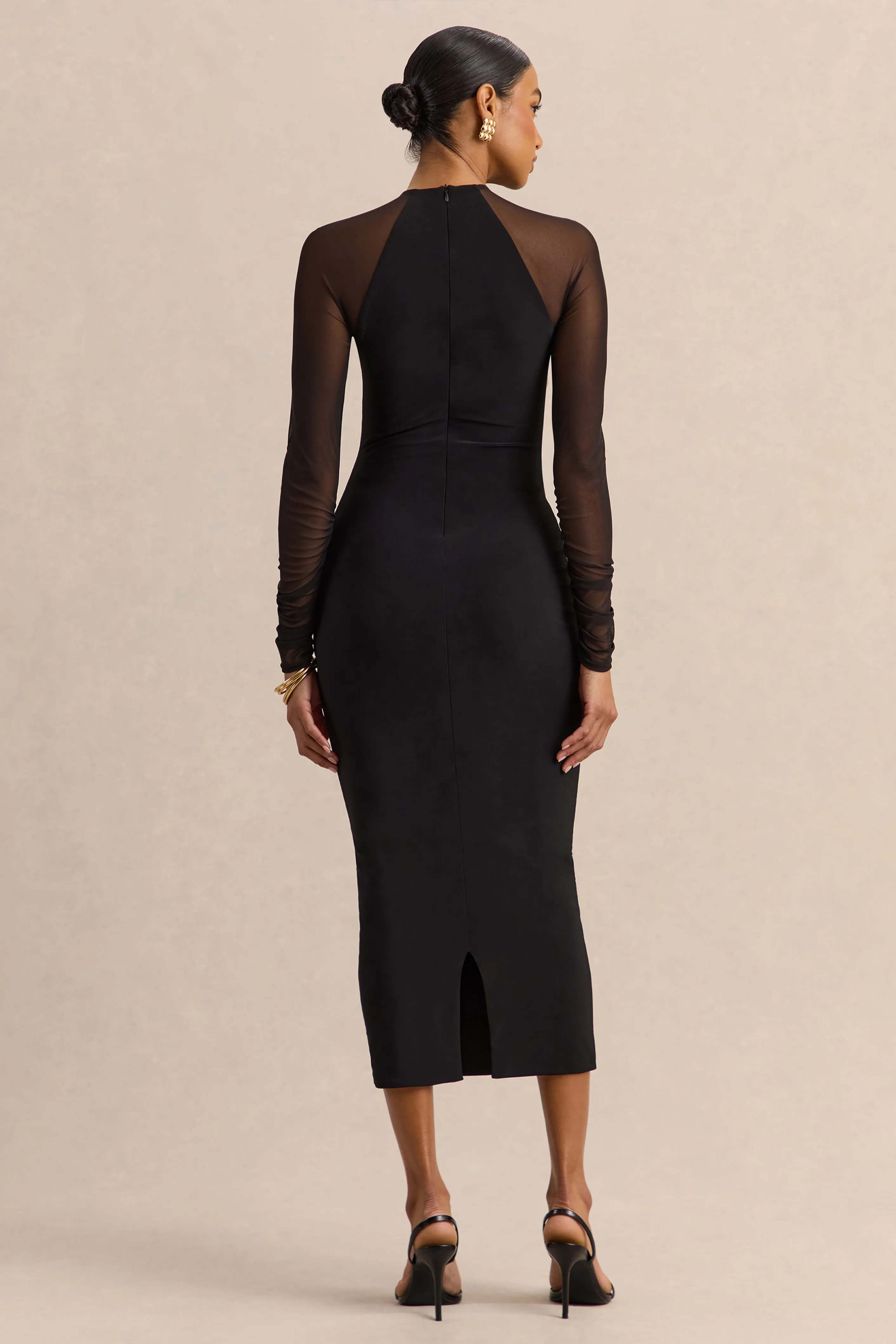 Aurevia | Black Crew-Neck Midi Dress With Long Mesh-Sleeves sold by Club L London product image thumbnail 2