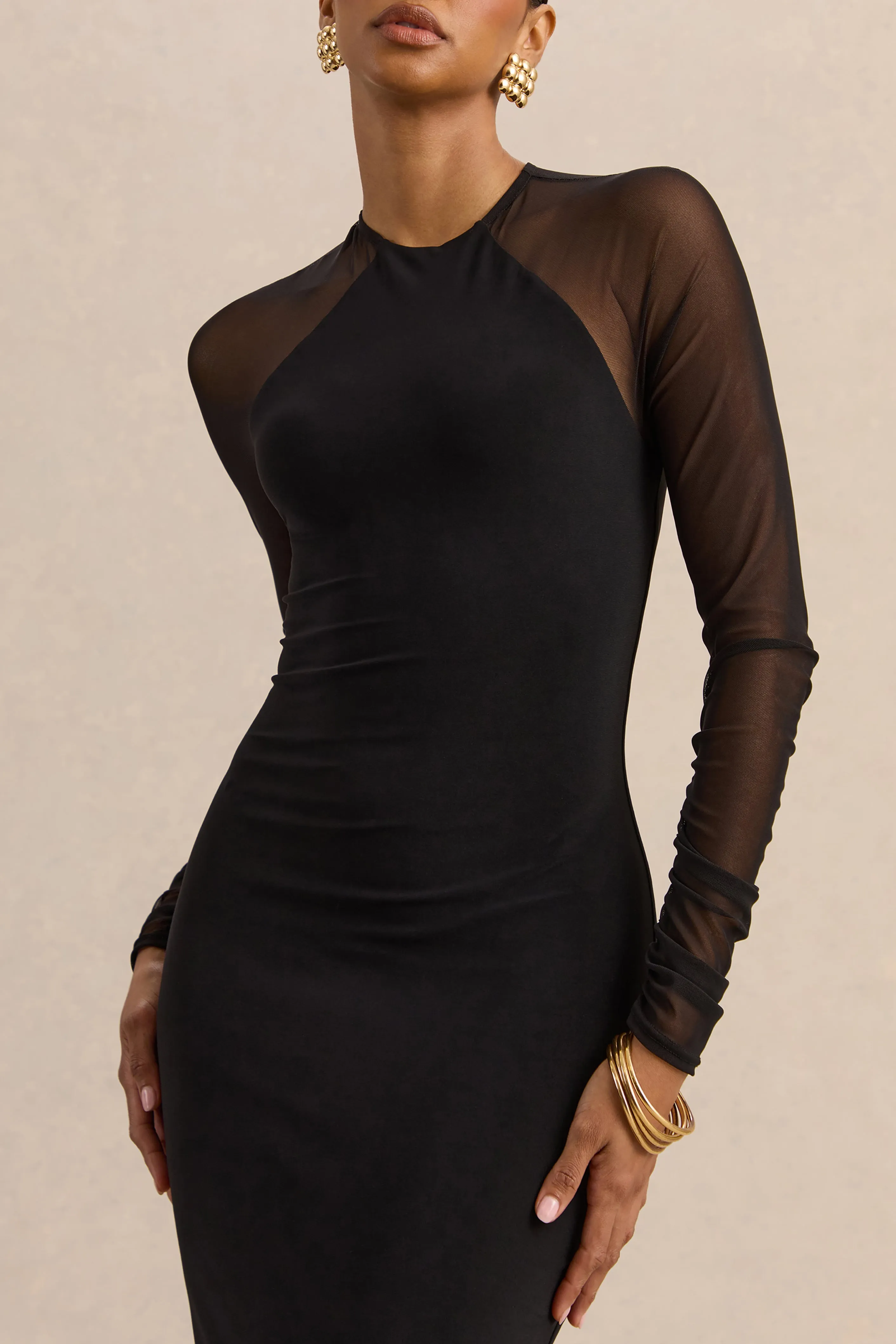 Aurevia | Black Crew-Neck Midi Dress With Long Mesh-Sleeves sold by Club L London product image thumbnail 3
