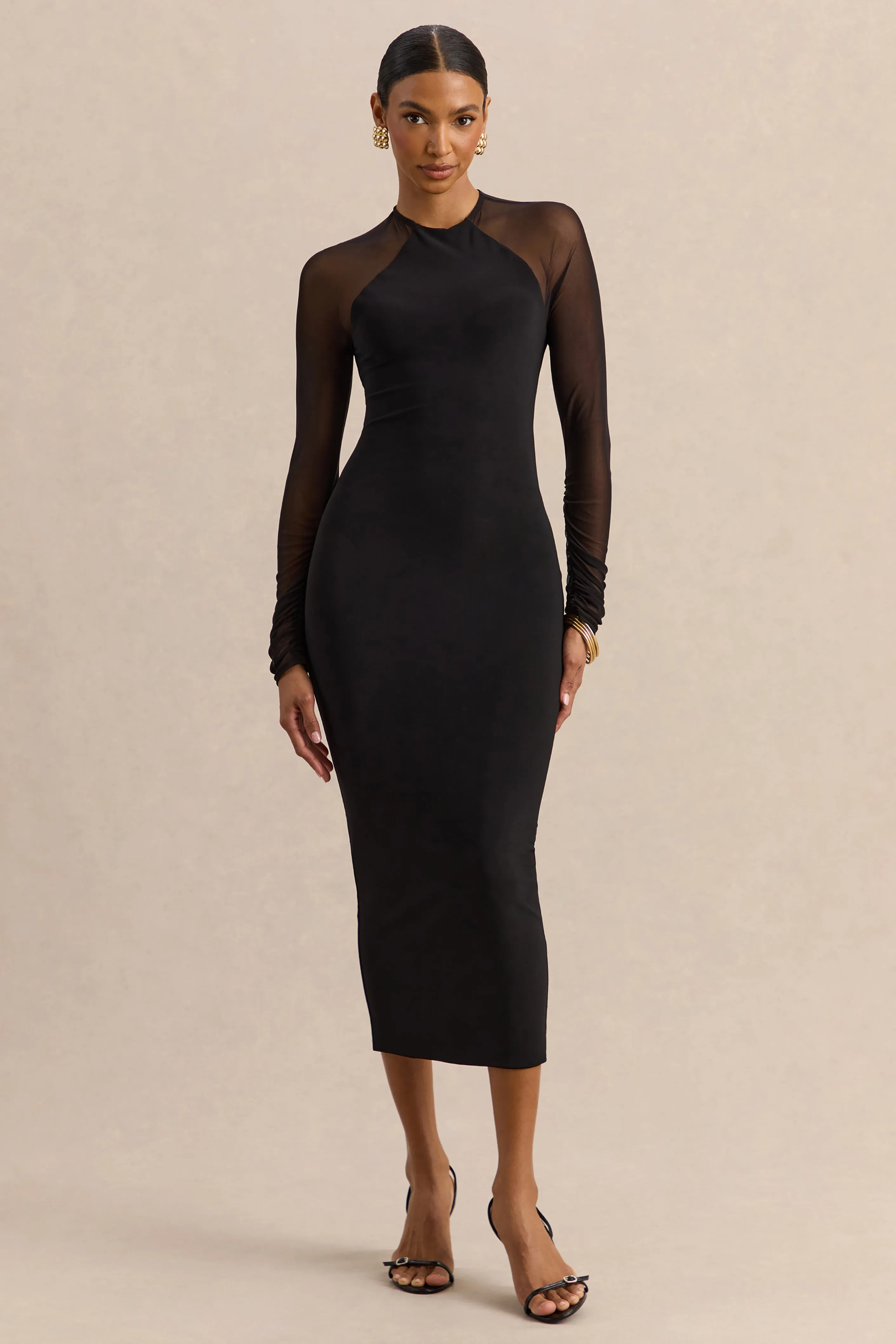 Aurevia | Black Crew-Neck Midi Dress With Long Mesh-Sleeves sold by Club L London product image thumbnail 4