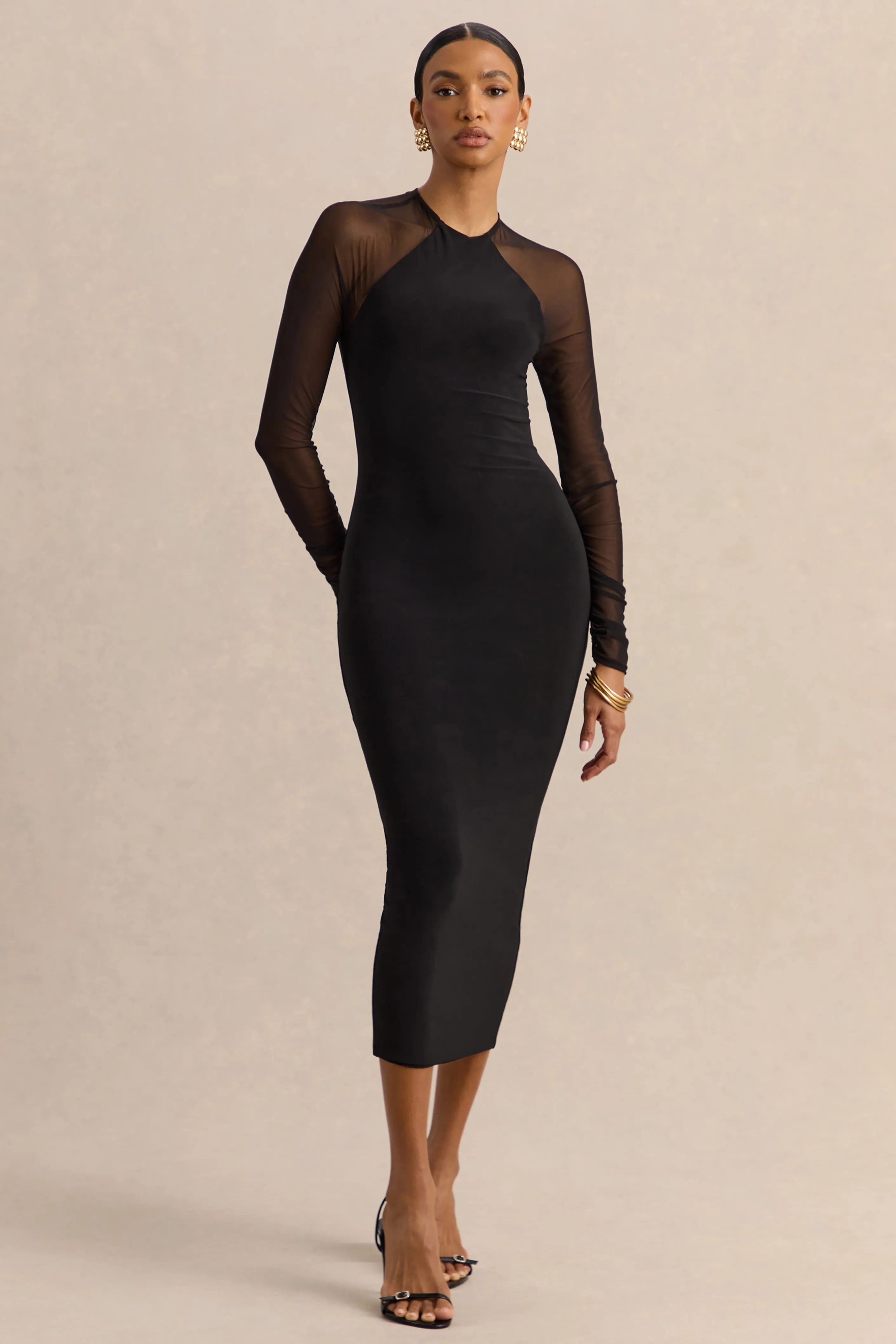 Aurevia | Black Crew-Neck Midi Dress With Long Mesh-Sleeves sold by Club L London