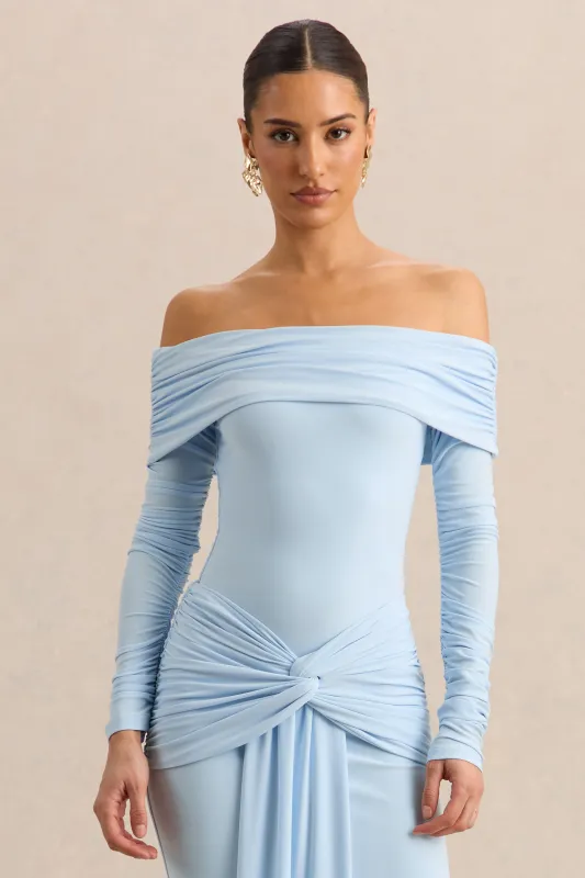 Helia | Blue Bardot Neck Bodysuit With Ruched Long Sleeves made by Club L London