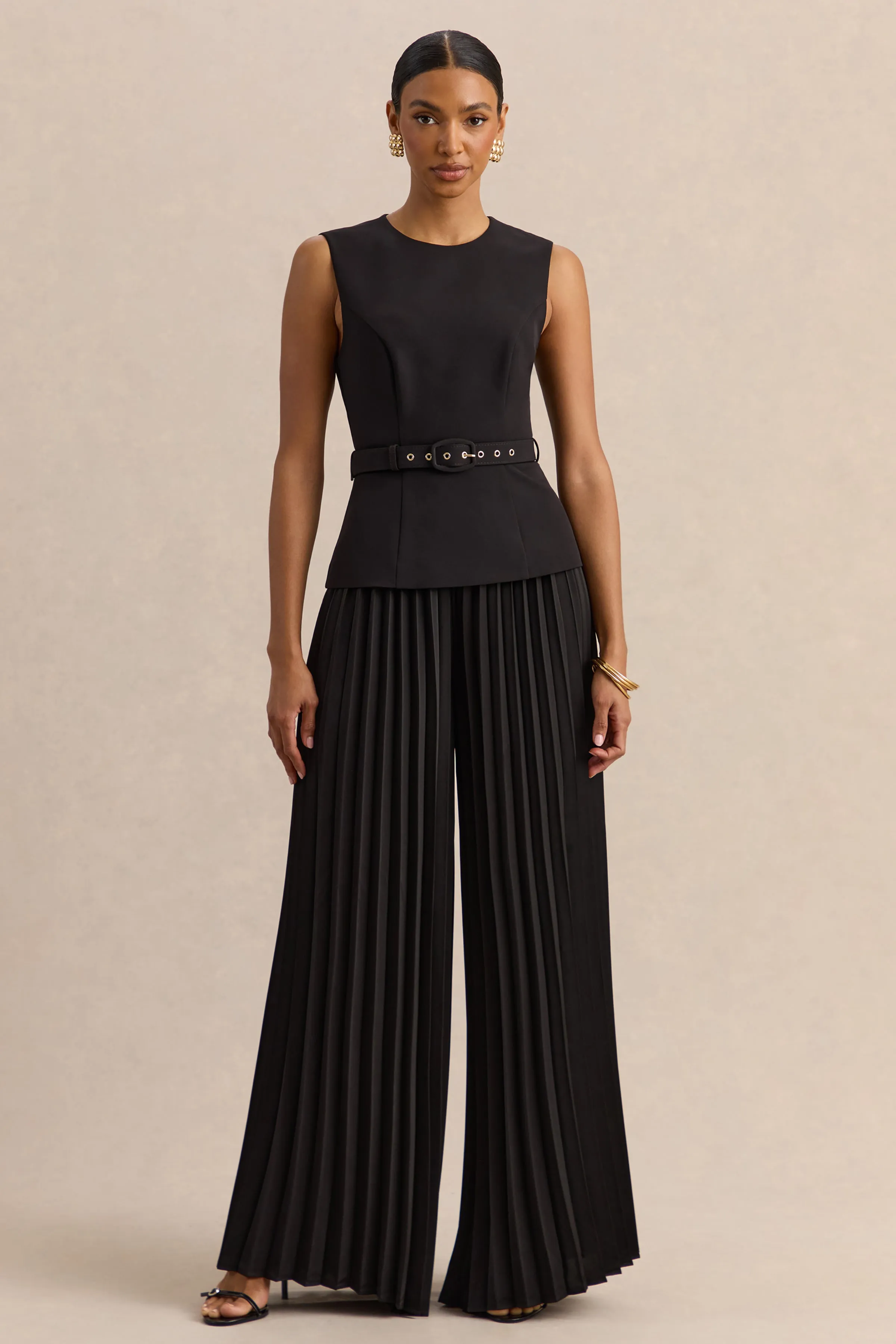Karienne | Black Round-Neck Top With Belted-Detail sold by Club L London product image thumbnail 4