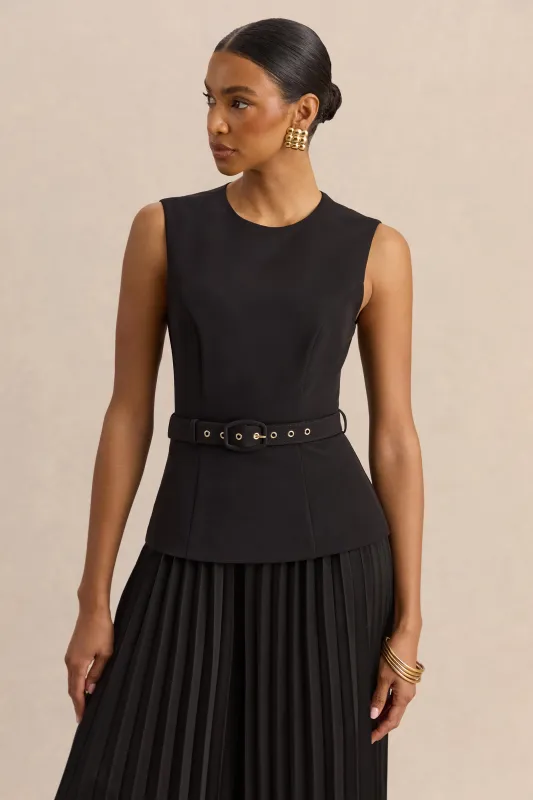 Karienne | Black Round-Neck Top With Belted-Detail made by Club L London