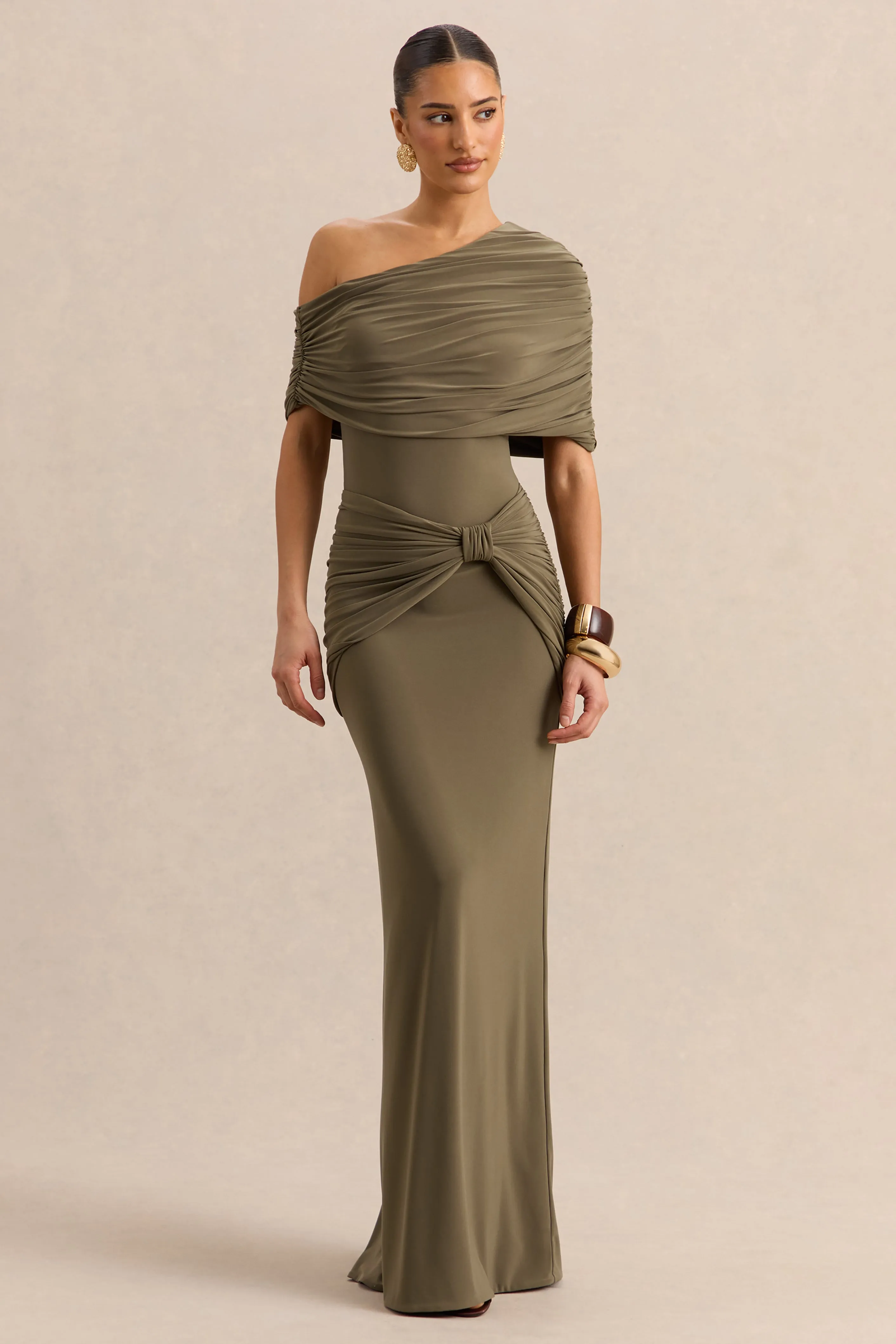 Larelle | Khaki Asymmetric-Neck Bodysuit With Ruched-Detailing sold by Club L London product image thumbnail 4