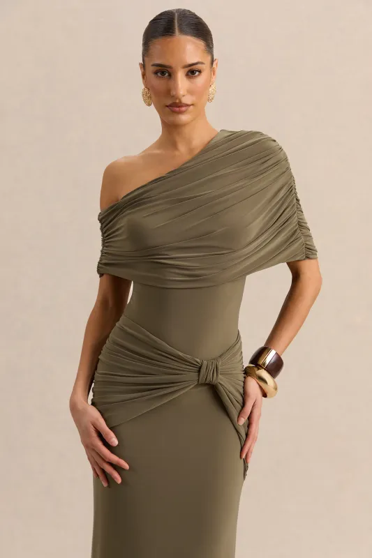 Larelle | Khaki Asymmetric-Neck Bodysuit With Ruched-Detailing made by Club L London