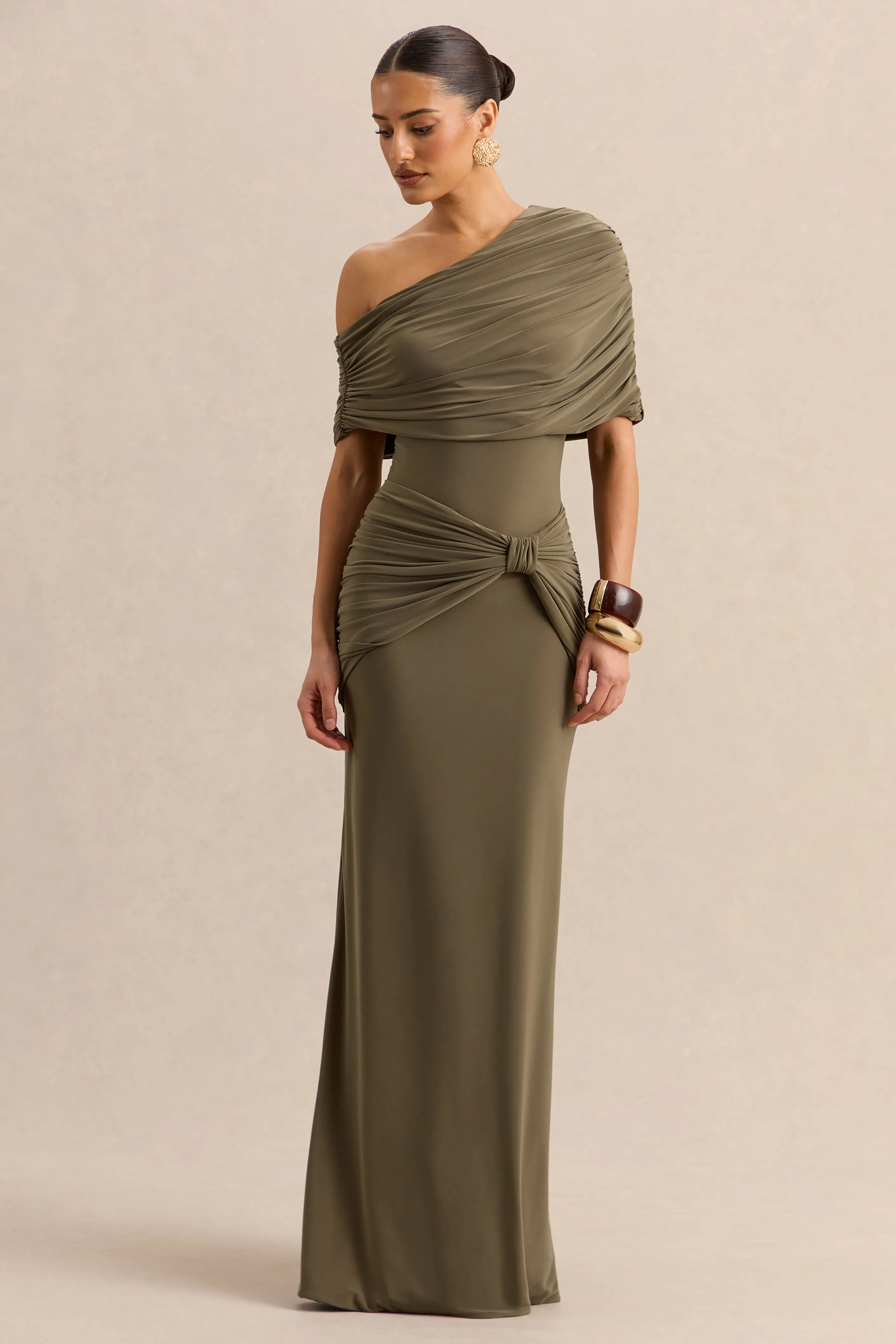 Larelle | Khaki Asymmetric-Neck Bodysuit With Ruched-Detailing sold by Club L London product image thumbnail 5