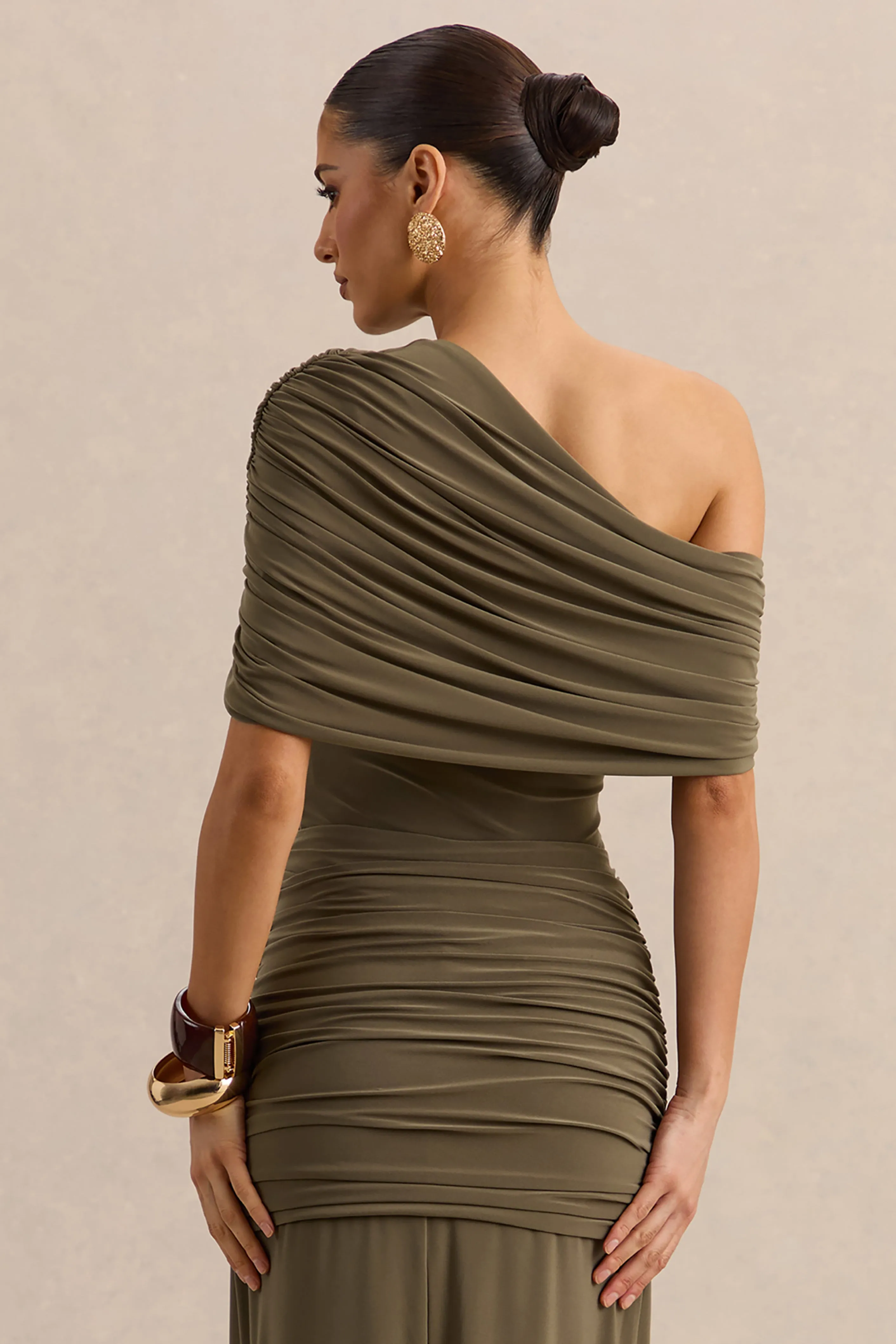 Larelle | Khaki Asymmetric-Neck Bodysuit With Ruched-Detailing sold by Club L London product image thumbnail 2