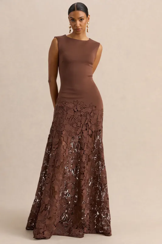 Calune | Brown Lace Wide-Neck Maxi Dress made by Club L London